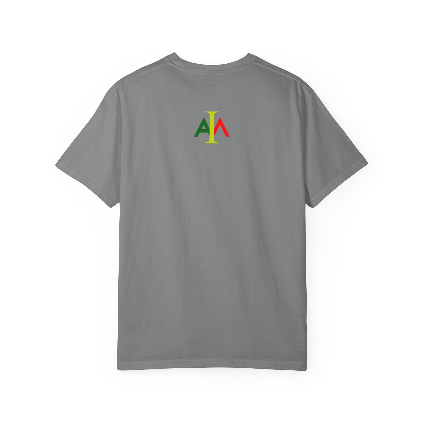 Gray t-shirt with a colorful logo on the back against a white background