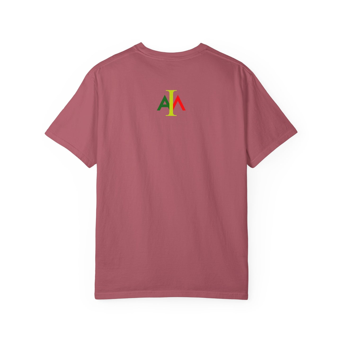 Maroon t-shirt with a colorful logo on the back against a white background