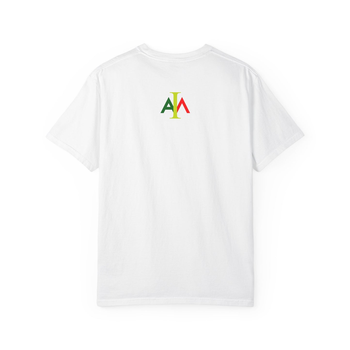 White t-shirt with a colorful logo on the back against a white background