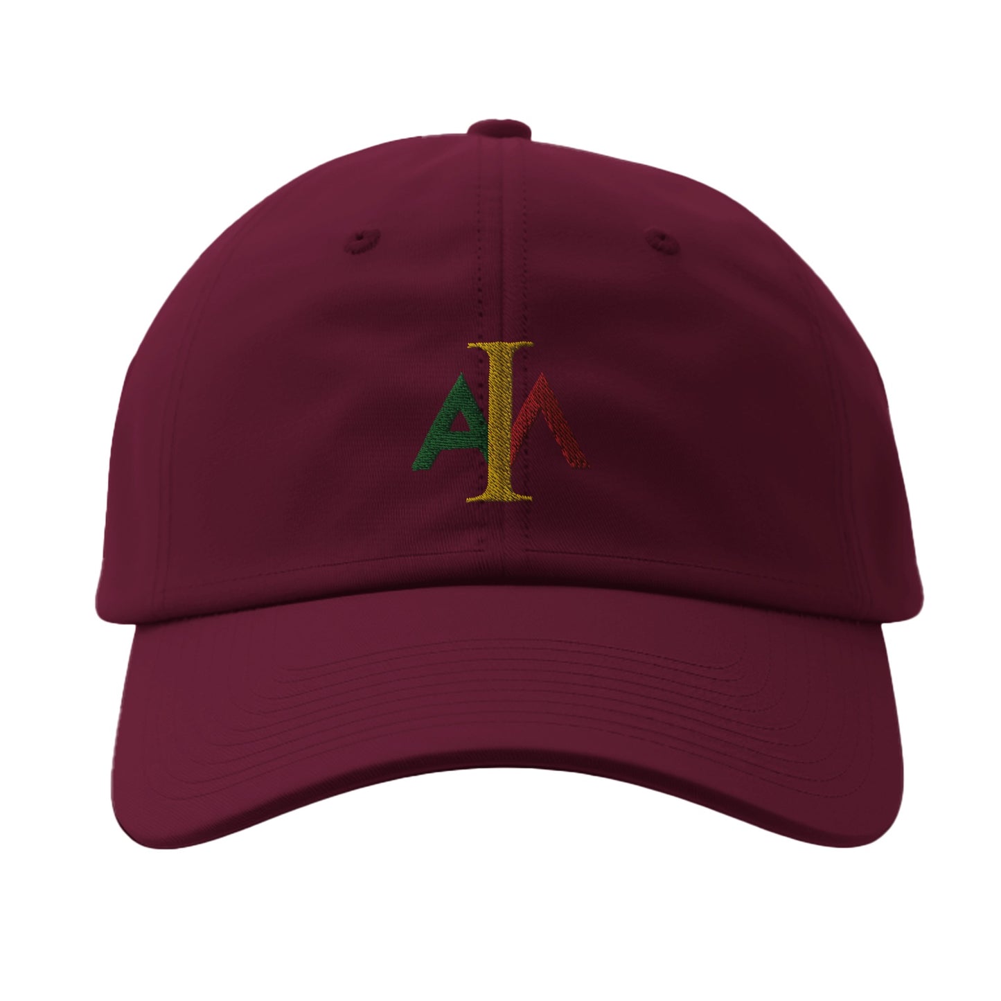 Maroon cap with colorful logo on a white background