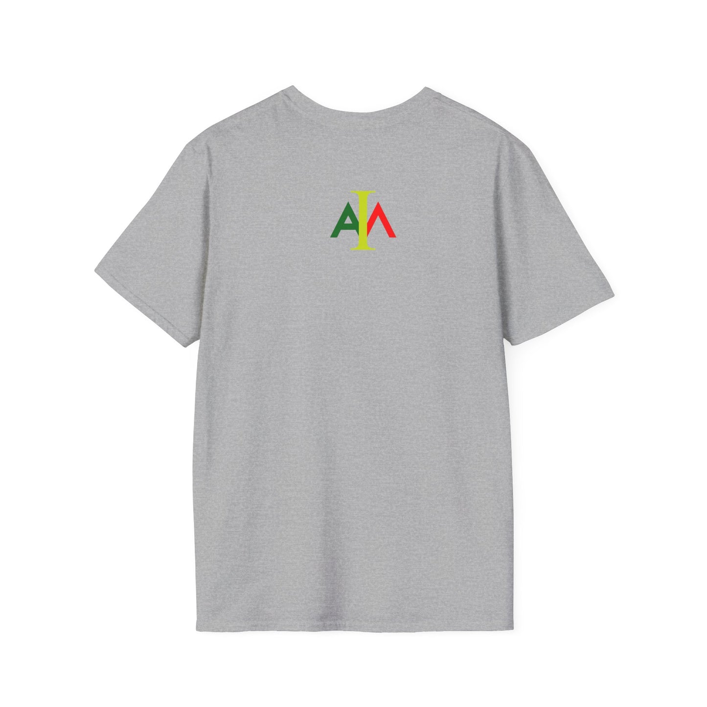 Gray t-shirt with a colorful logo on the back against a white background