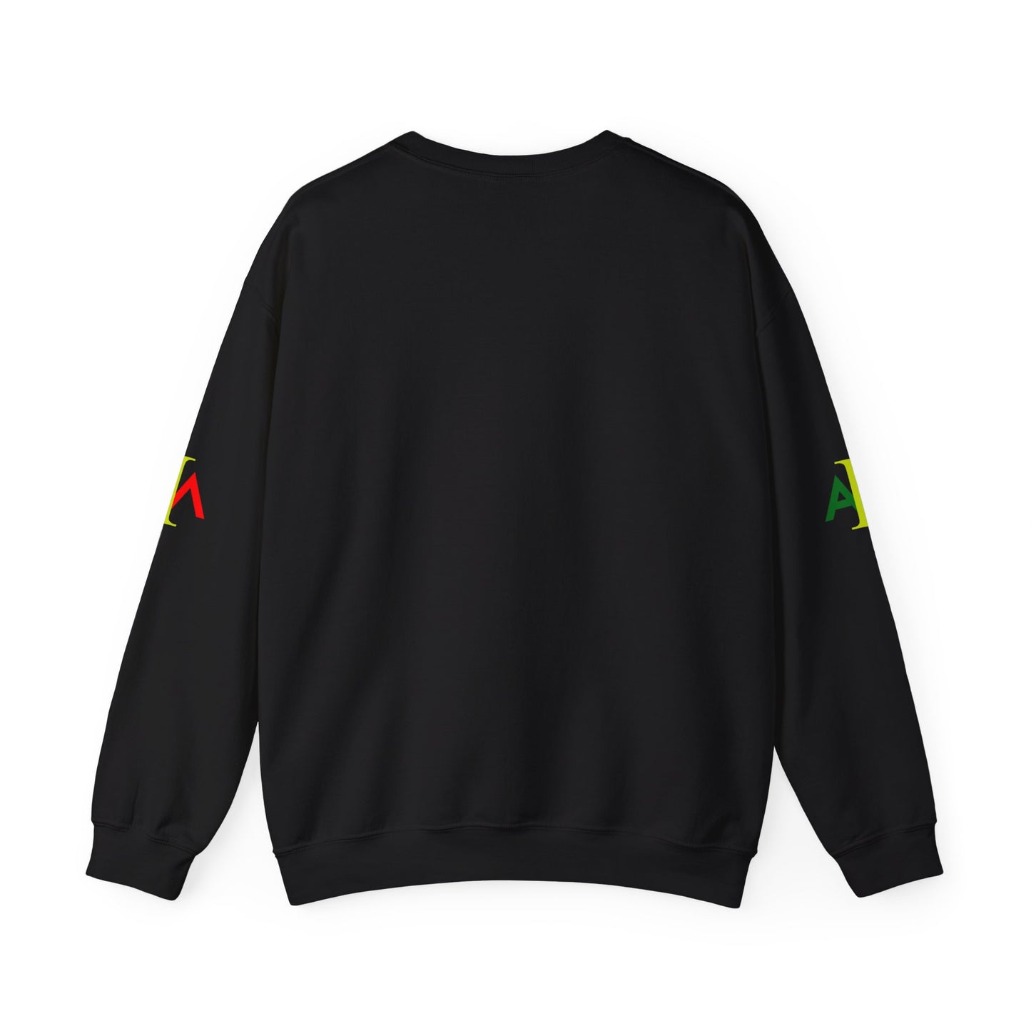 Black sweatshirt with colorful designs on sleeves against a white background
