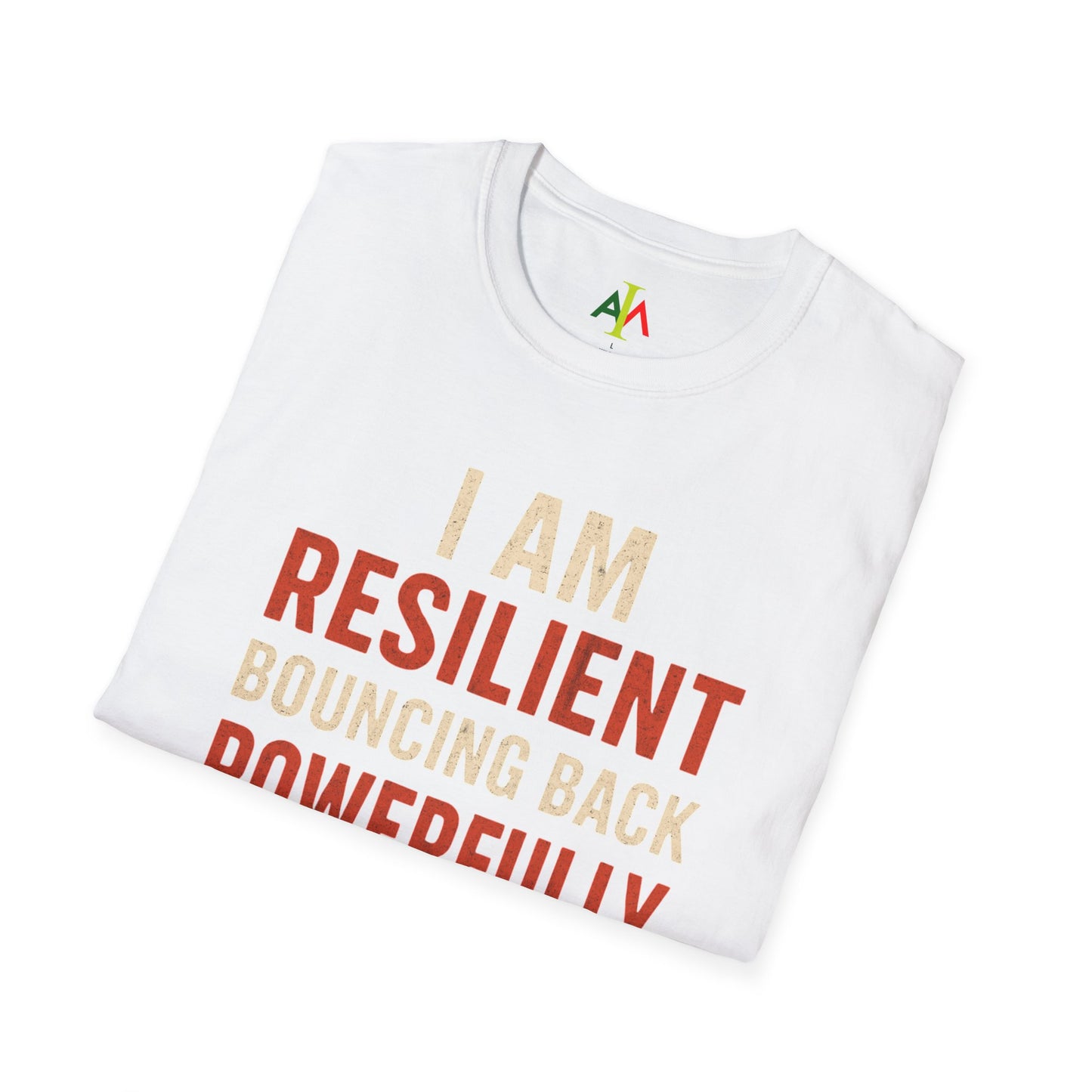 White t-shirt with motivational text and logo on a white background