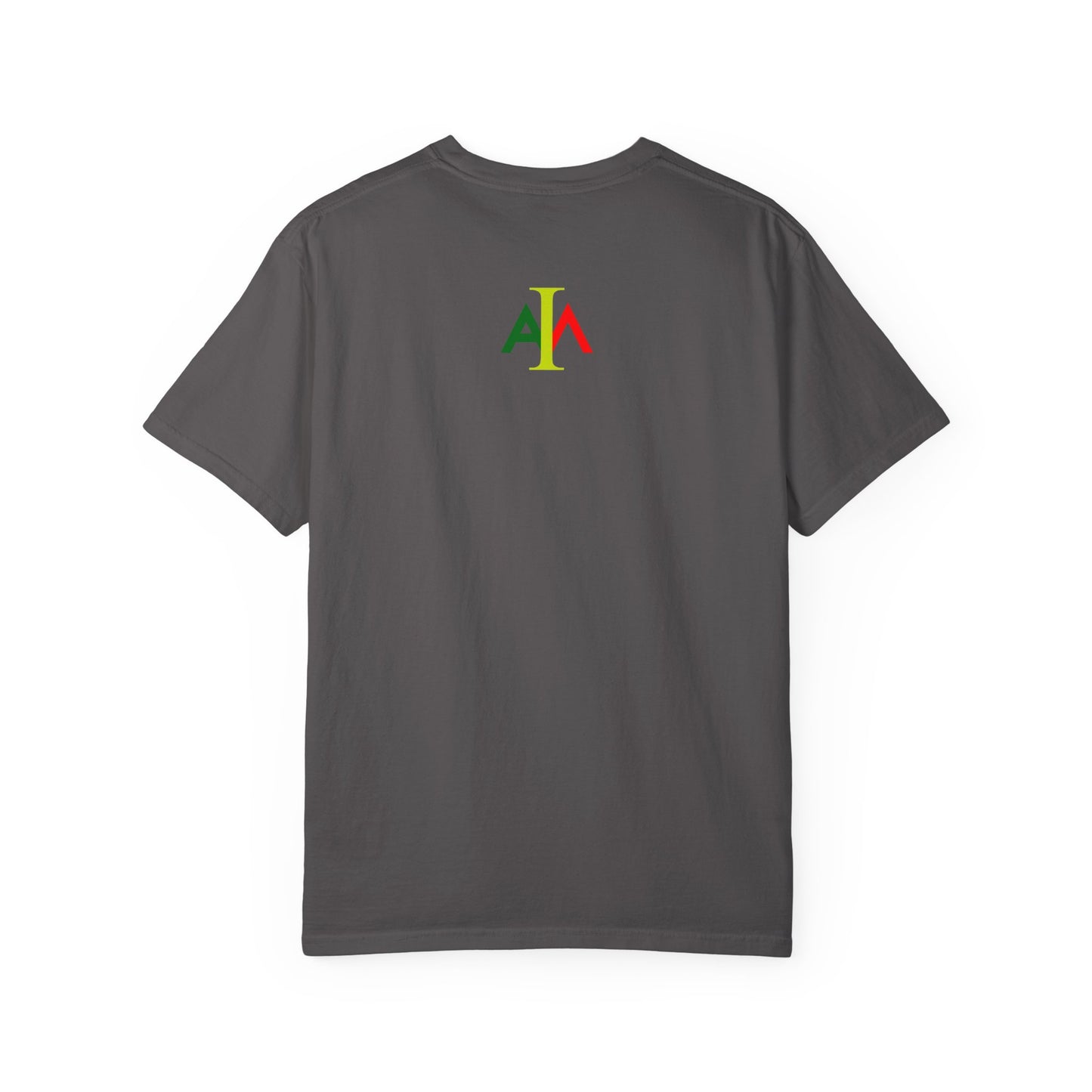 Gray t-shirt with a colorful logo on the back against a white background