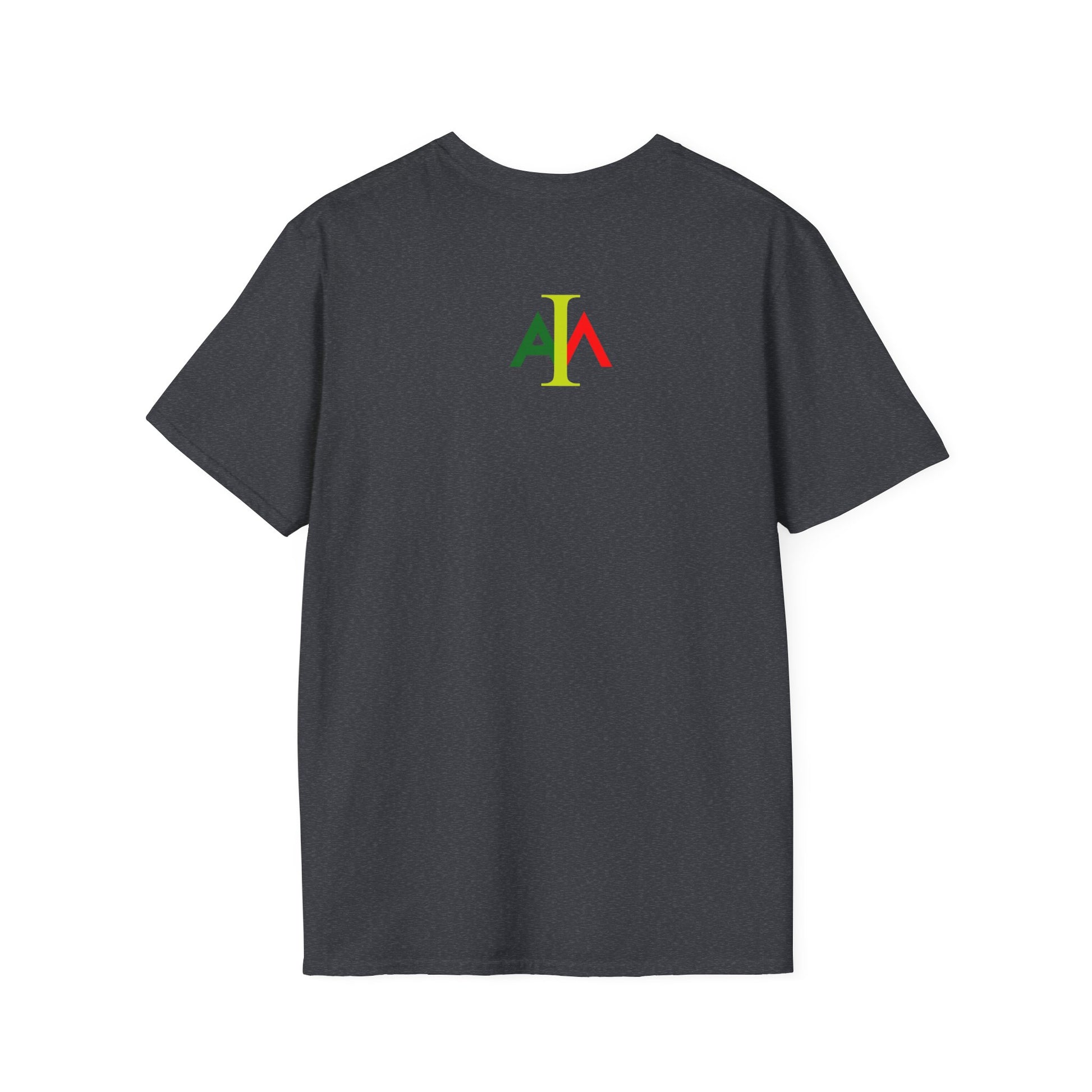 Black t-shirt with a colorful logo on the back against a white background