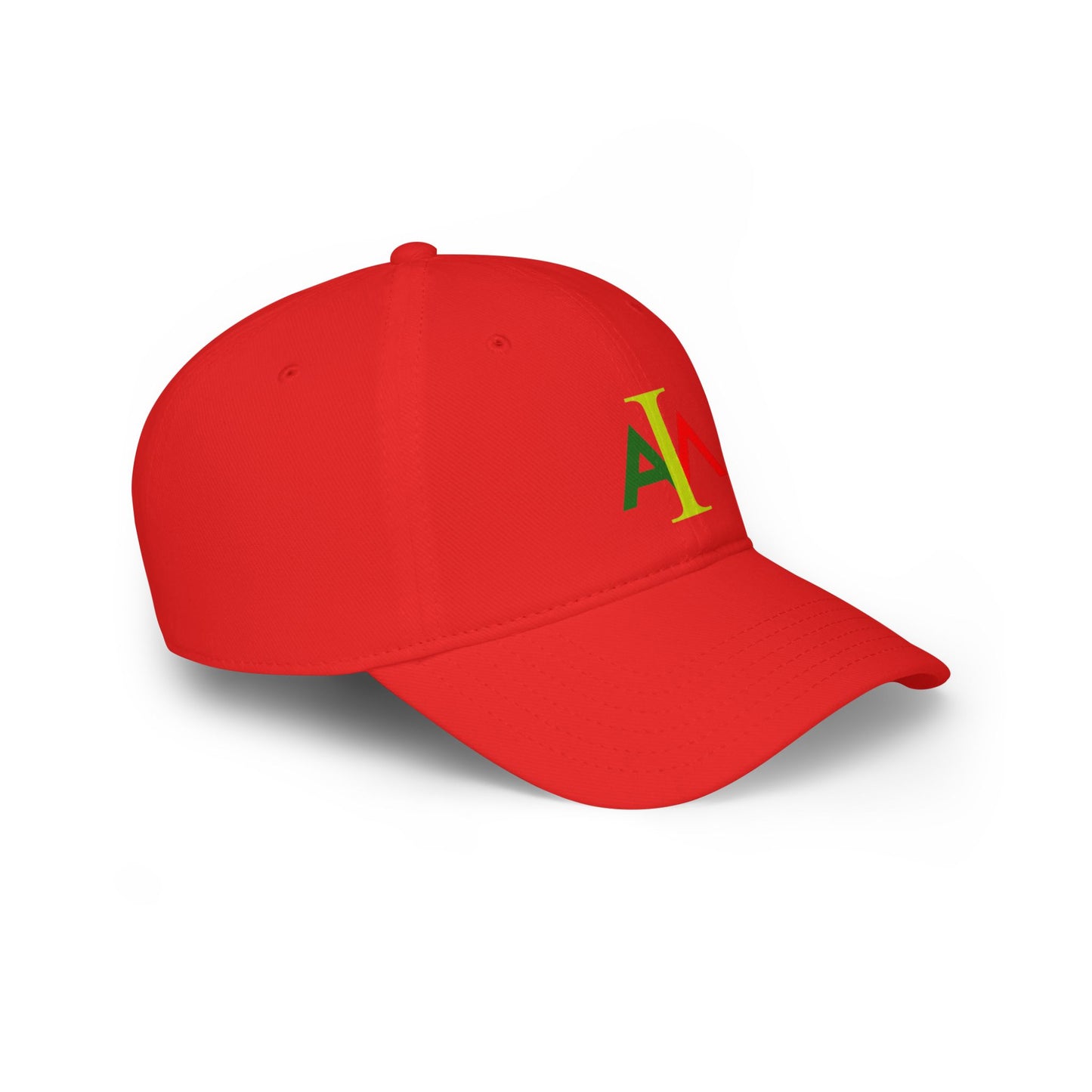 Red cap with green and yellow logo on a white background