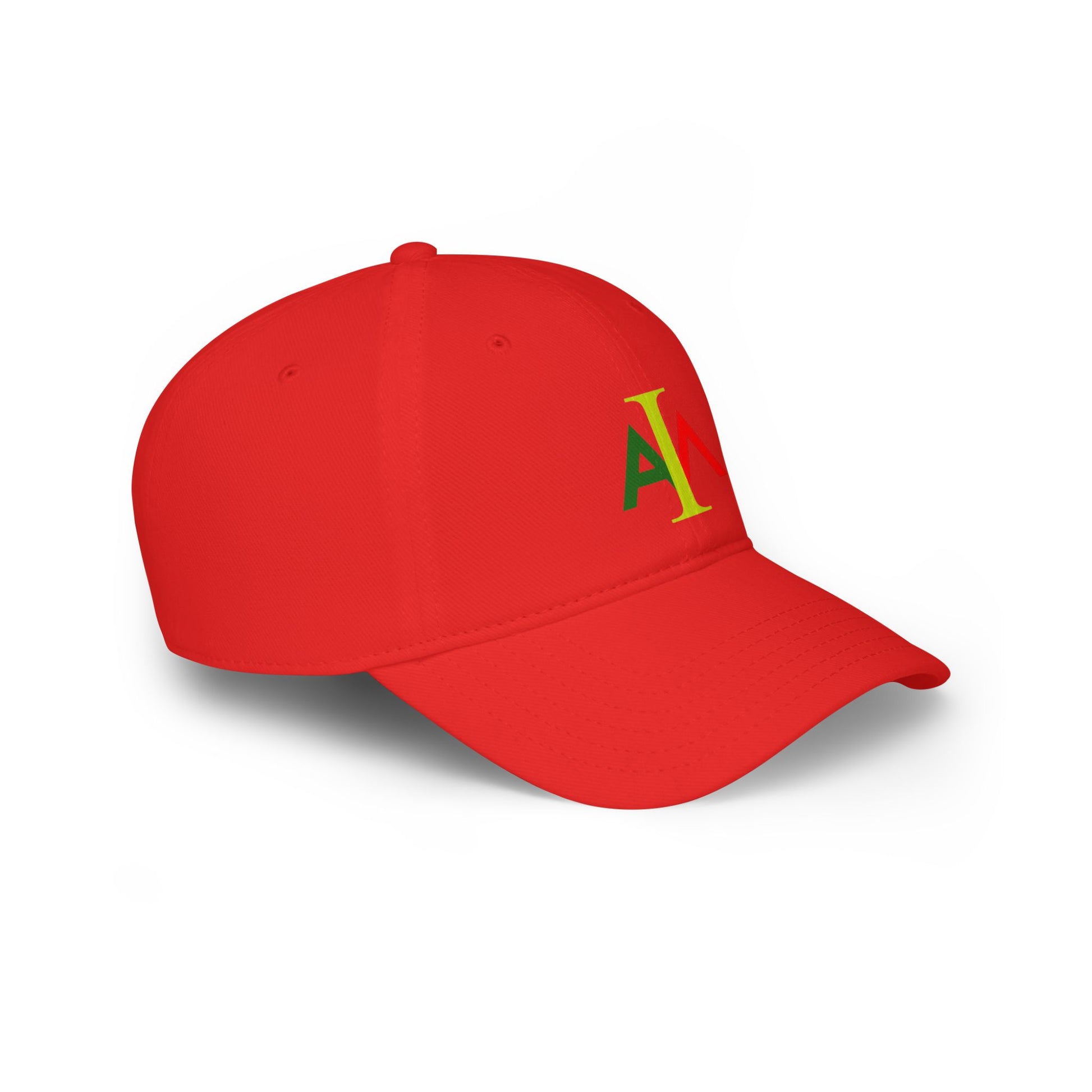 Red cap with green and yellow logo on a white background