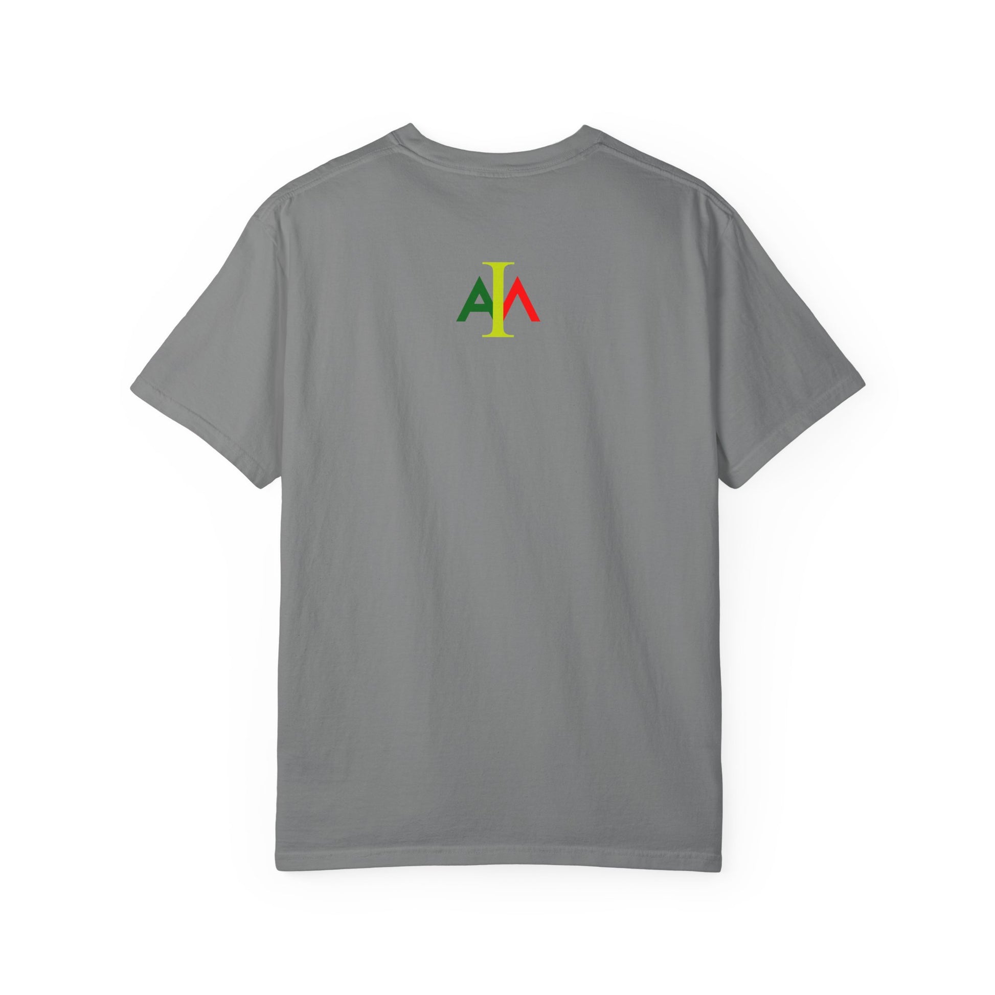 Gray t-shirt with a colorful logo on the back against a white background