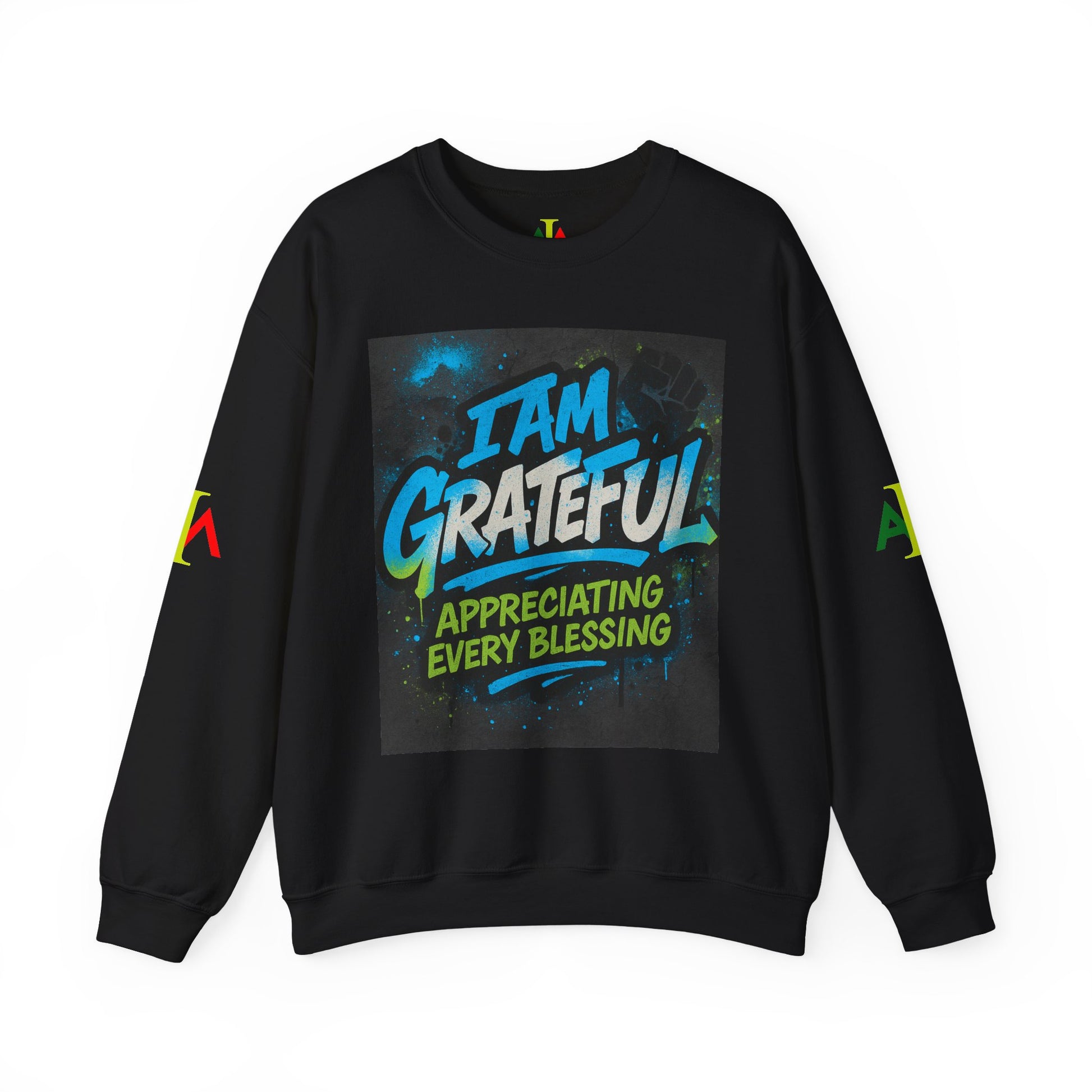 Black crewneck sweatshirt with 'I AM GRATEFUL' text design and colorful accents on the graphic.