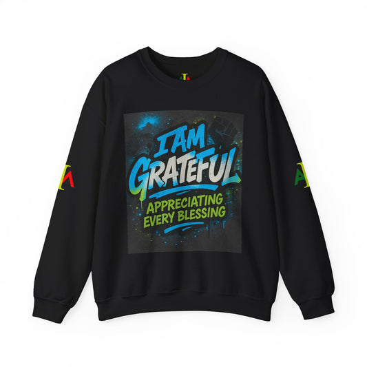 Black crewneck sweatshirt with 'I AM GRATEFUL' text design and colorful accents on the graphic.