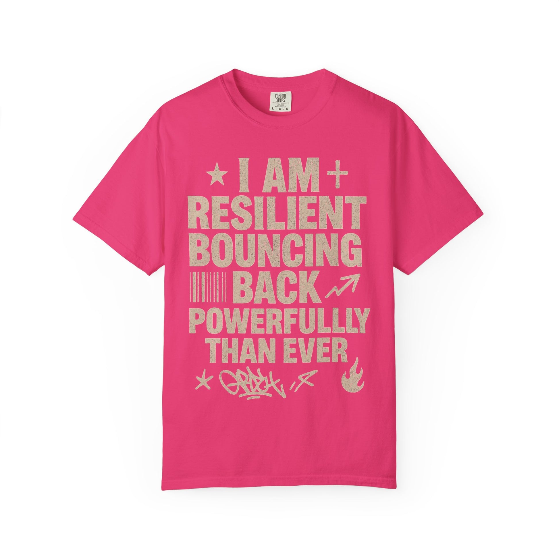 Pink t-shirt with motivational text design on a white background
