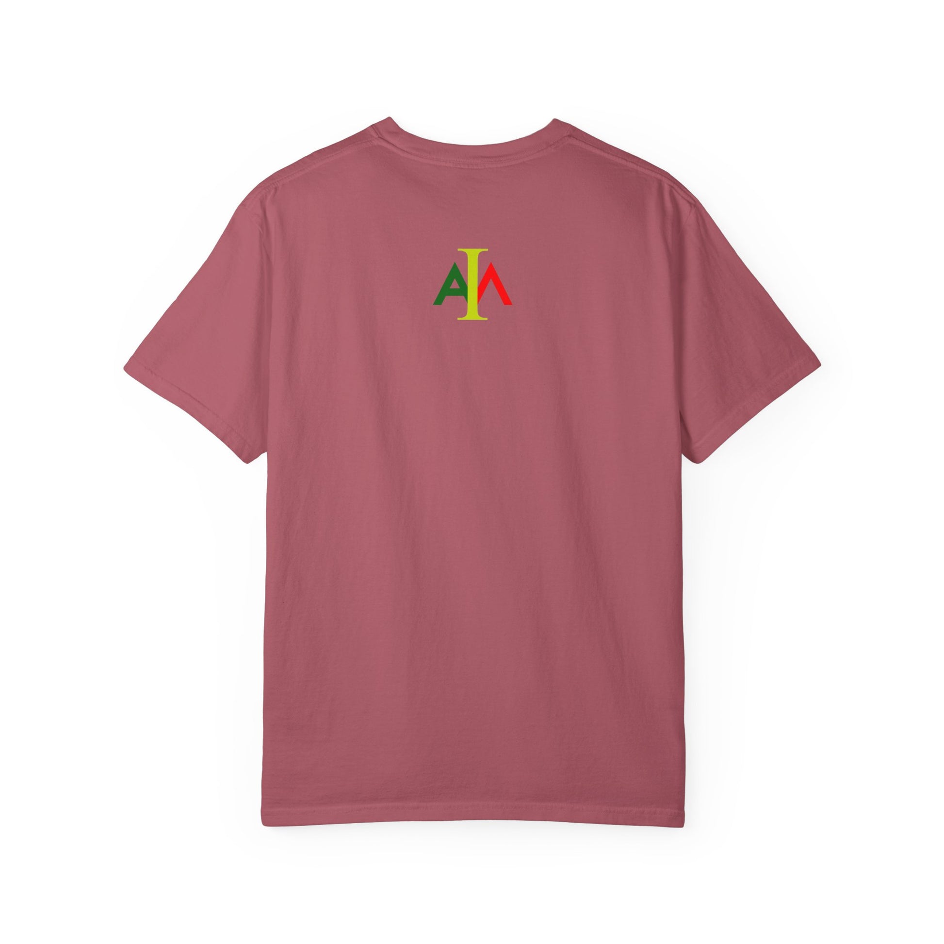 Maroon t-shirt with a colorful logo on the back against a white background
