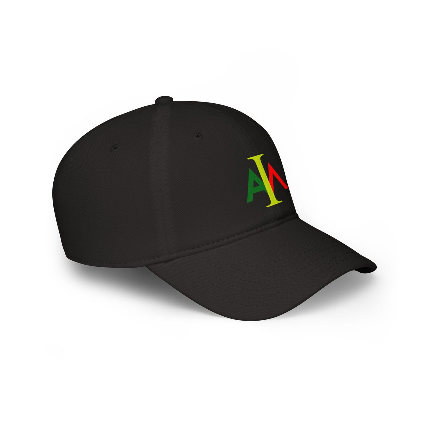Black cap with colorful logo on a white background