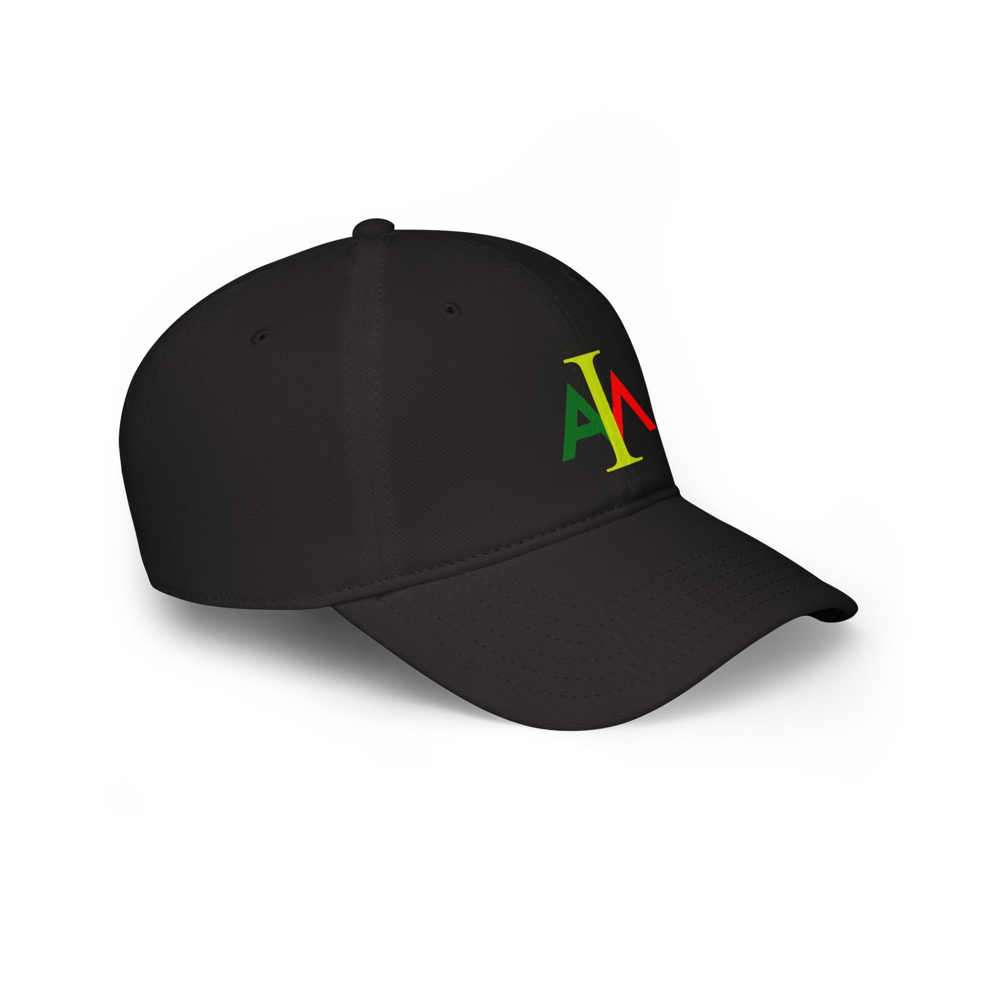 Black cap with colorful logo on a white background