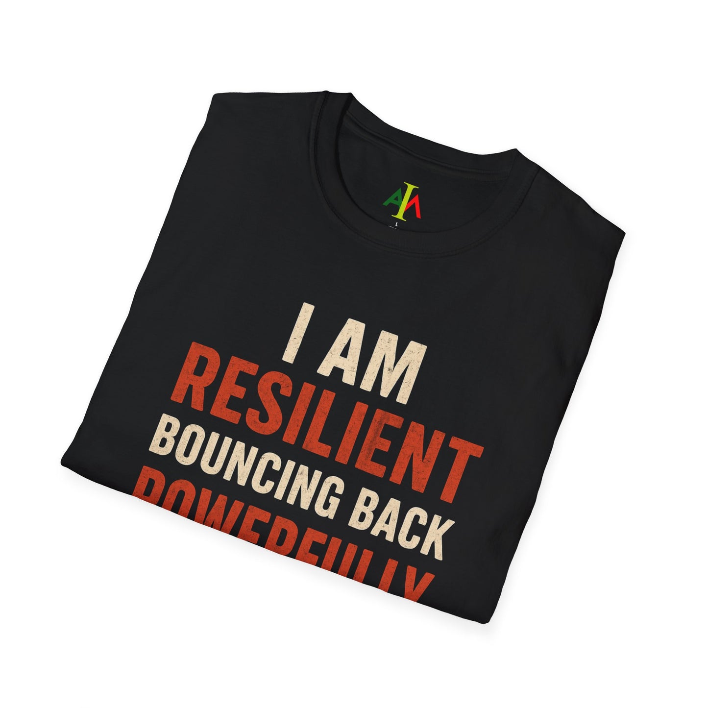 Black t-shirt with motivational text on a white background