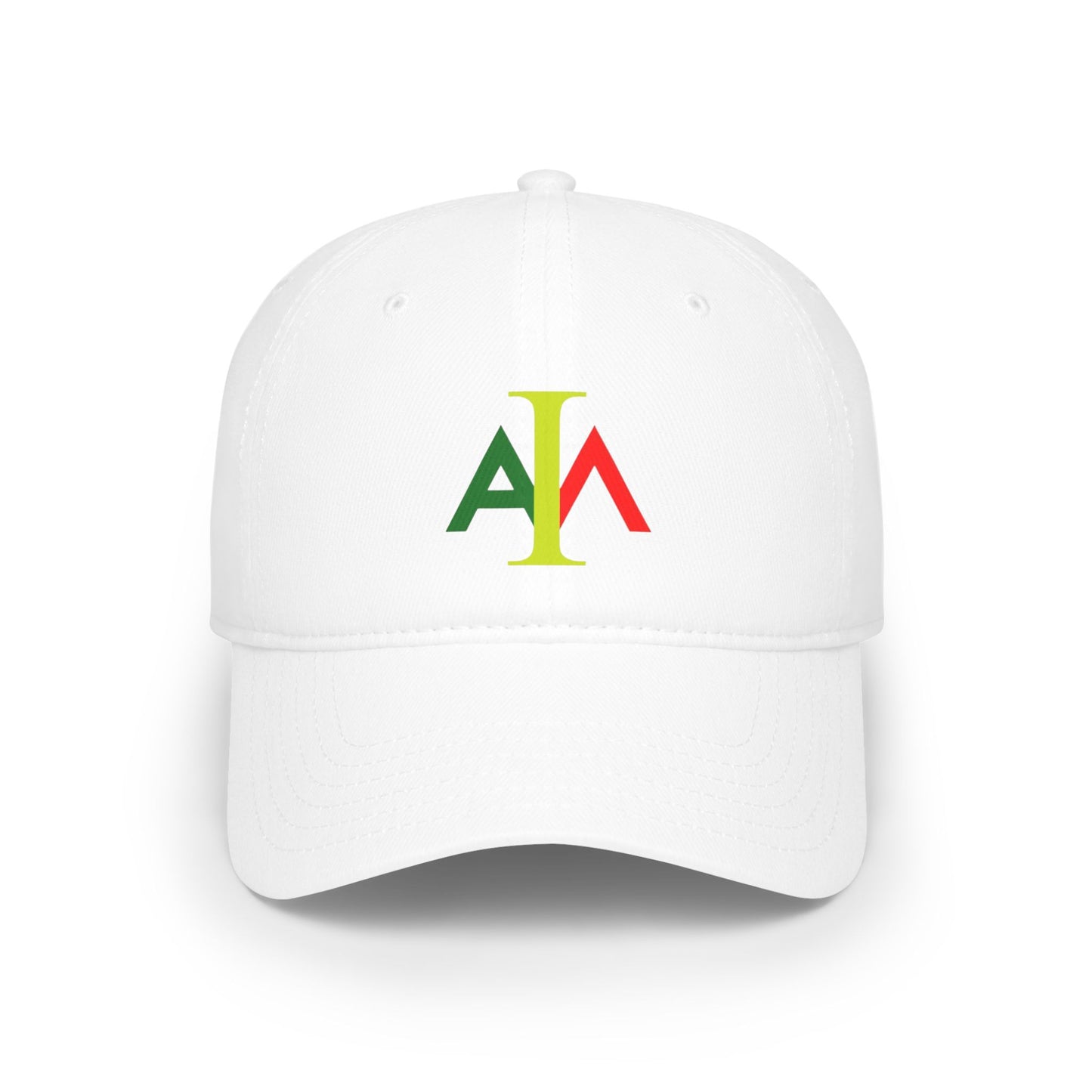 White cap with colorful logo on a white background