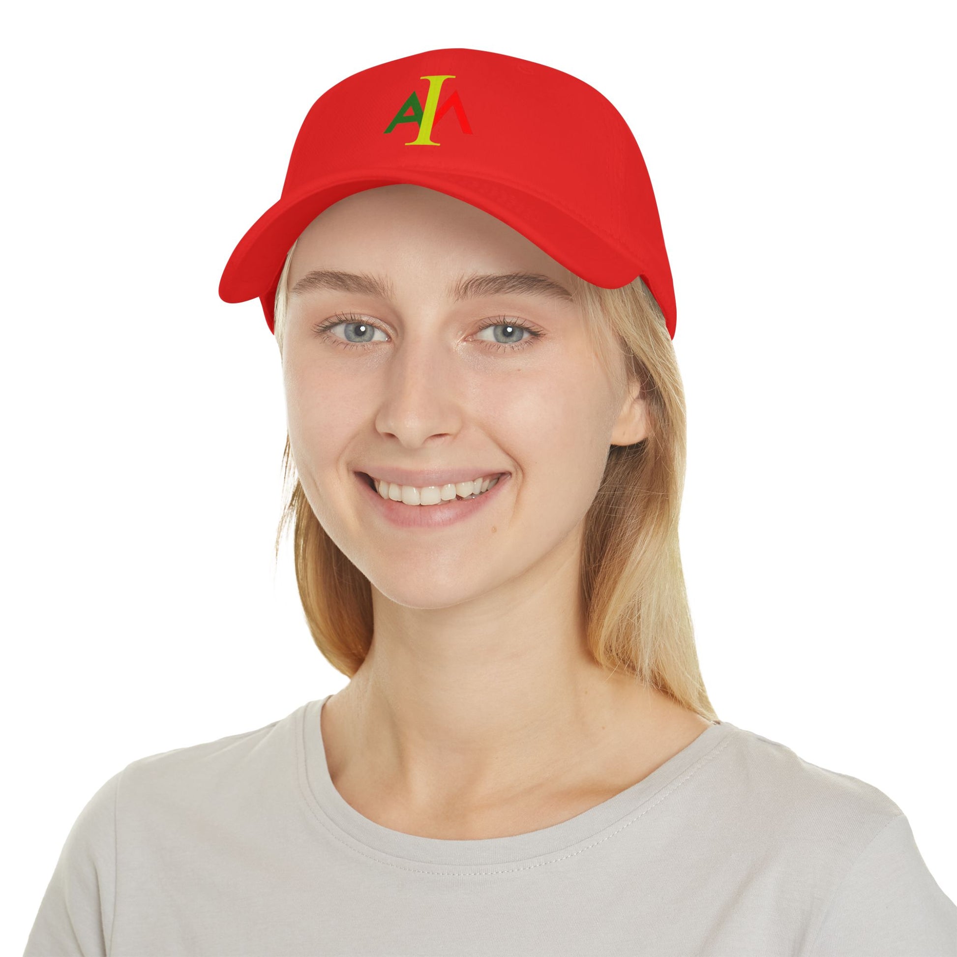 Person wearing a red cap with yellow and green logo on a white background