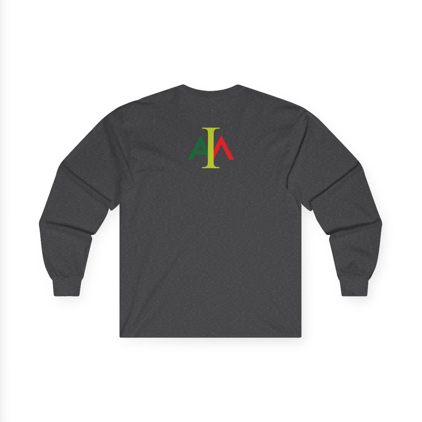 Dark gray long-sleeve shirt with a colorful logo on the back against a white background
