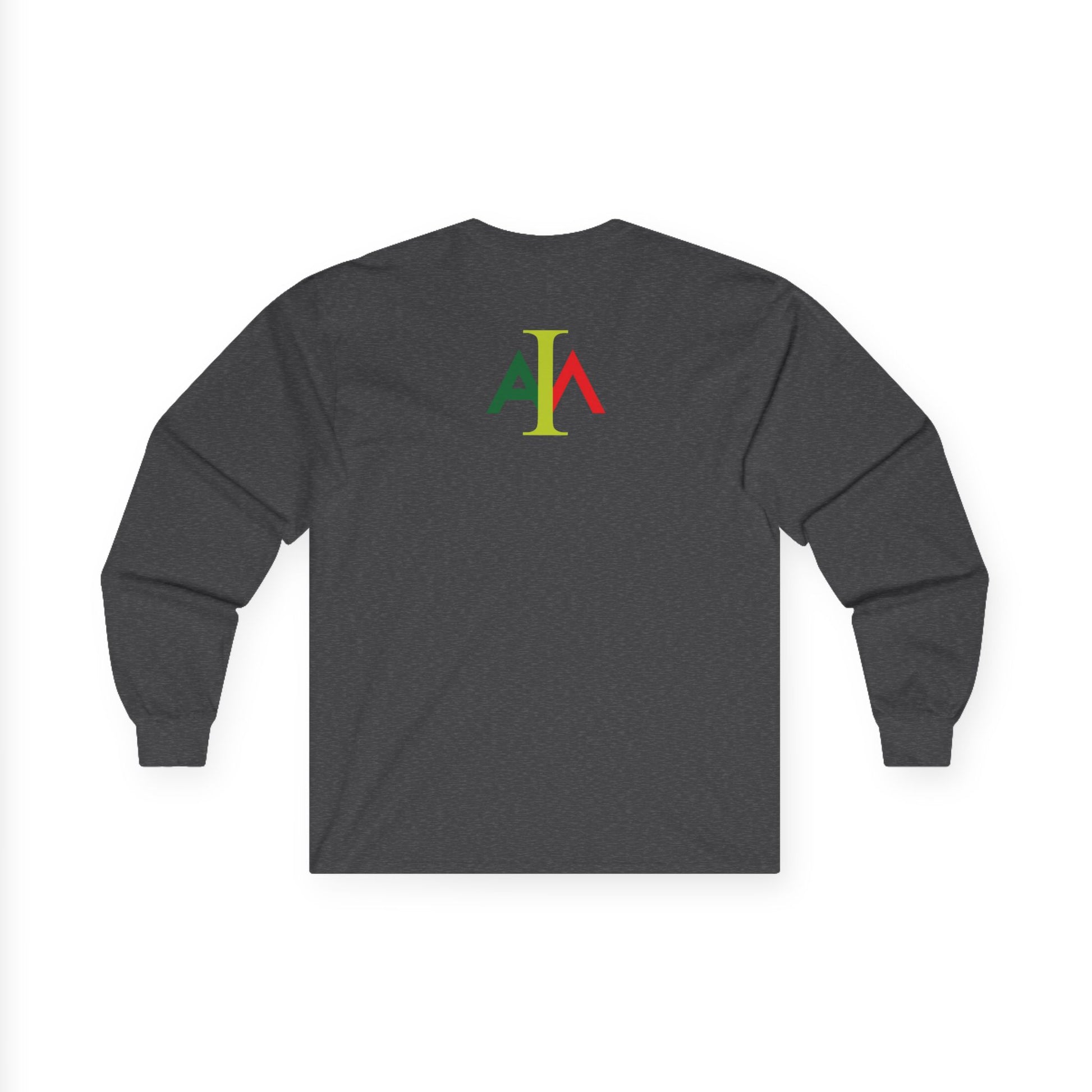 Dark gray long-sleeve shirt with a colorful logo on the back against a white background