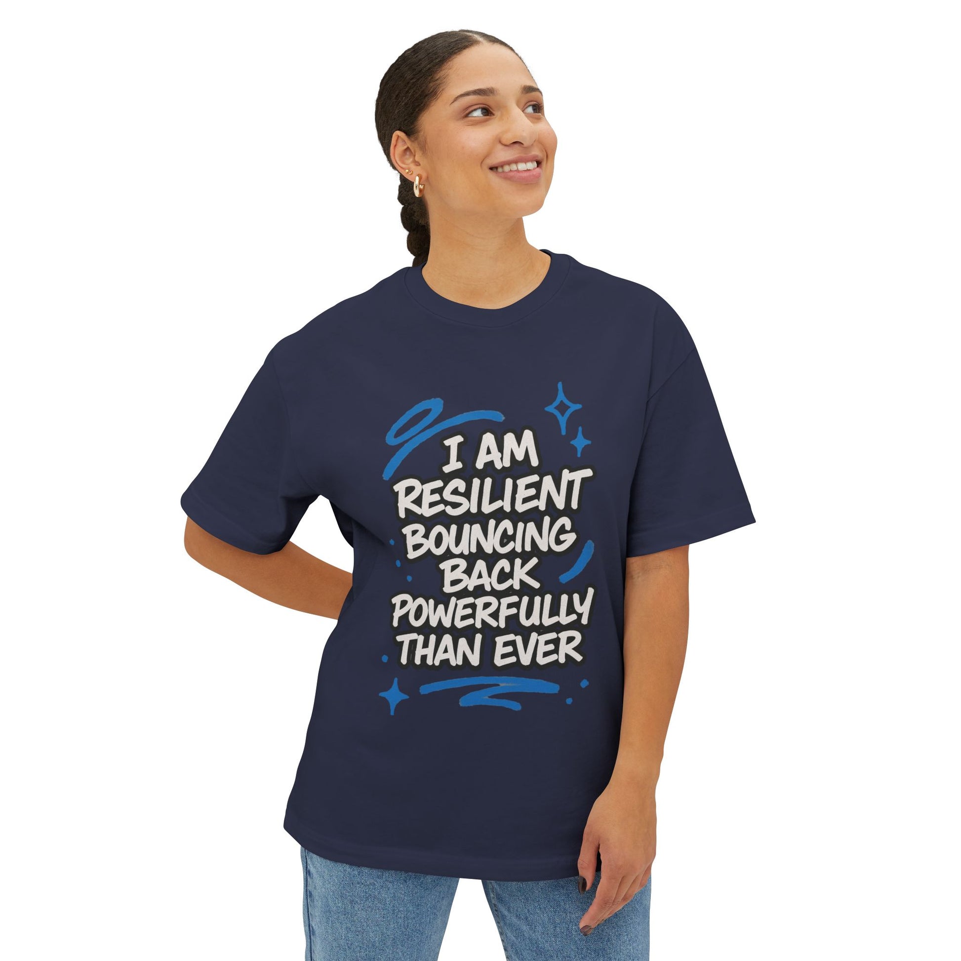 Person wearing a navy blue t-shirt with motivational quote on a white background