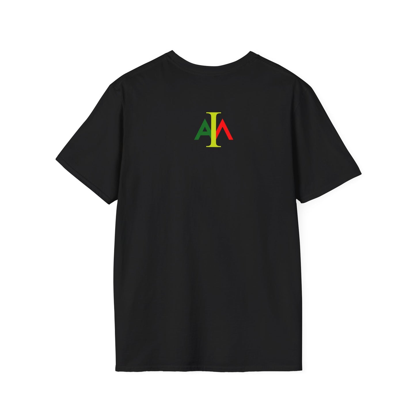Black t-shirt with colorful logo on the back against a white background