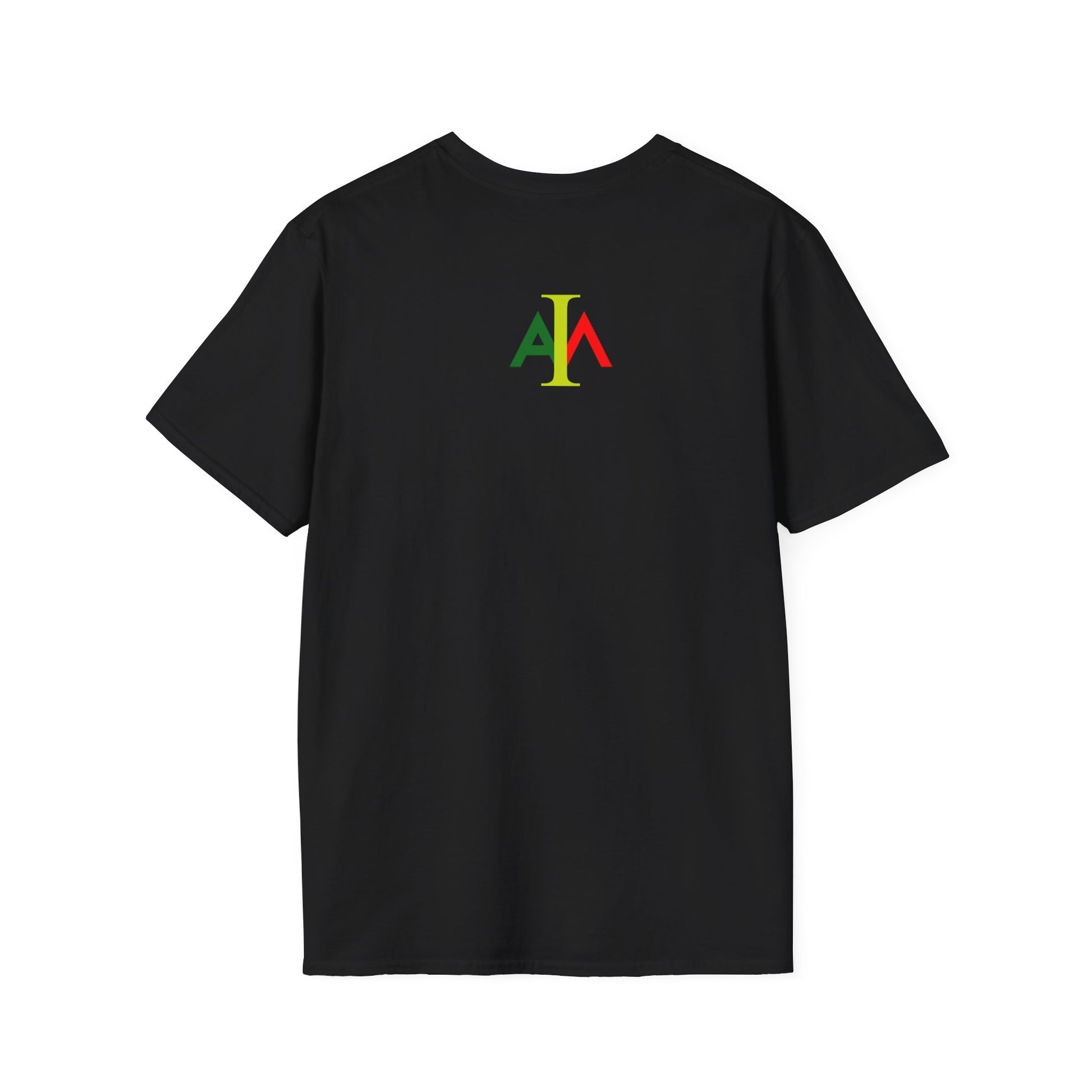 Black t-shirt with colorful logo on the back against a white background