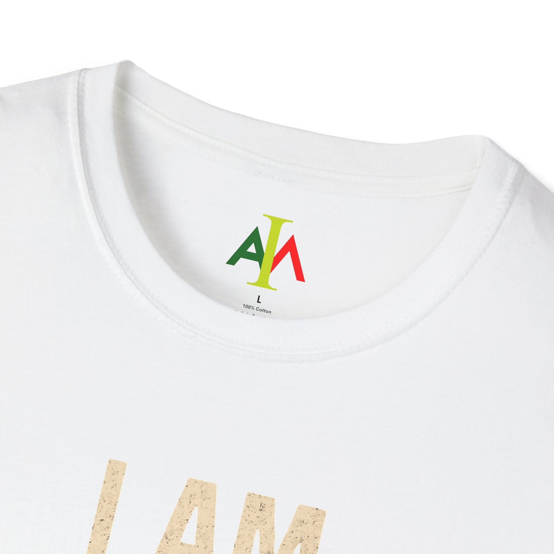 White t-shirt with colorful logo and text on a white background