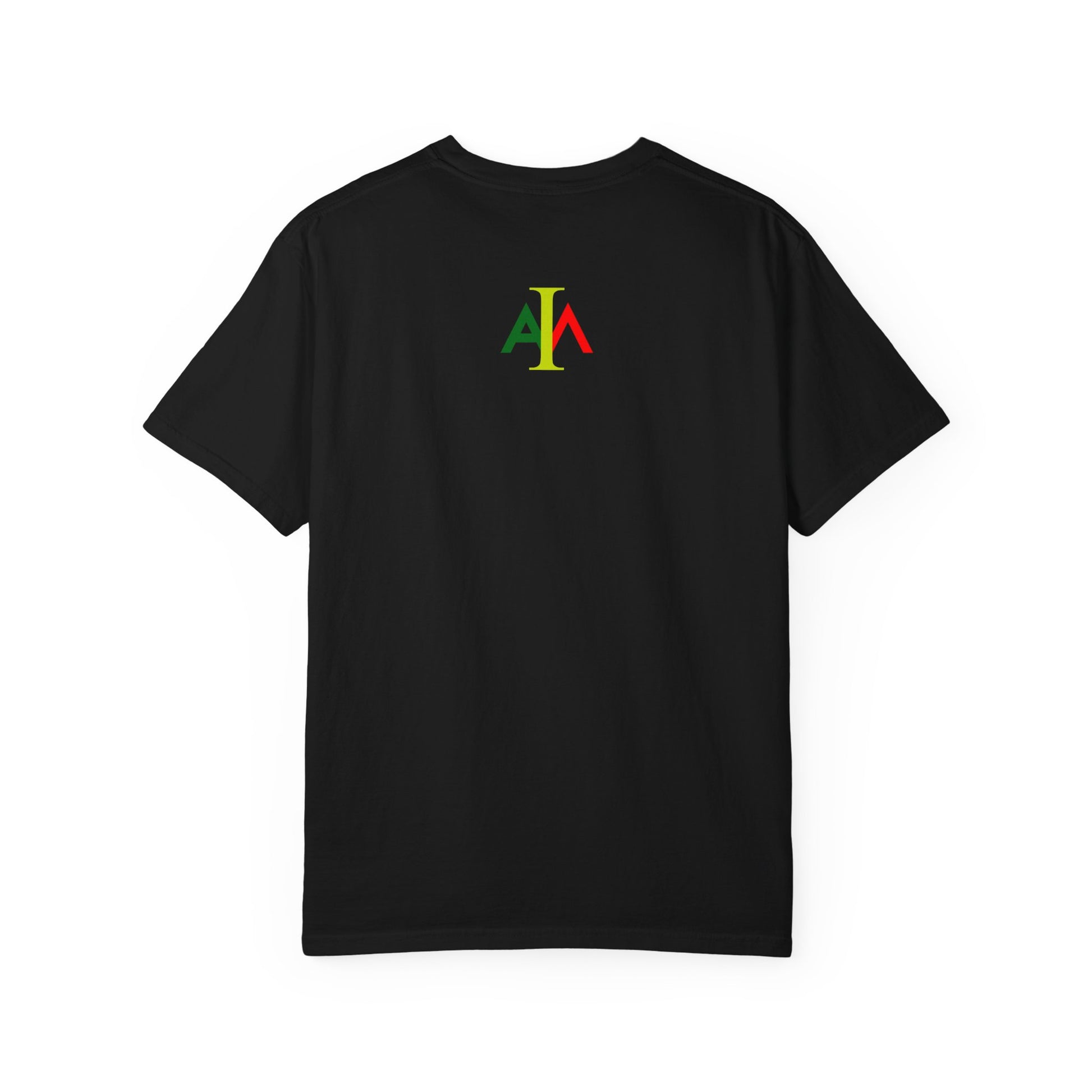 Black t-shirt with colorful logo on the back against a white background