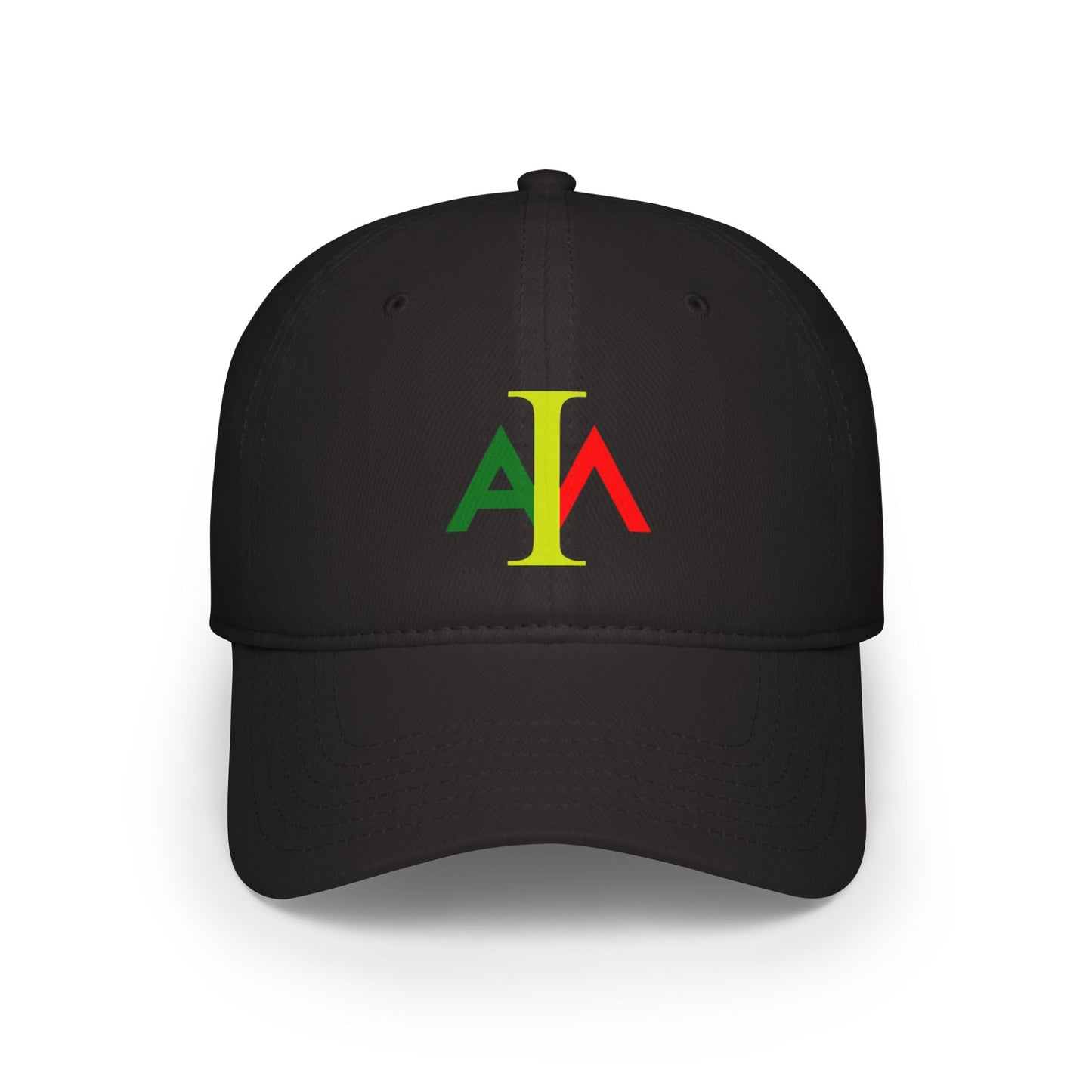 Black cap with colorful logo on a white background