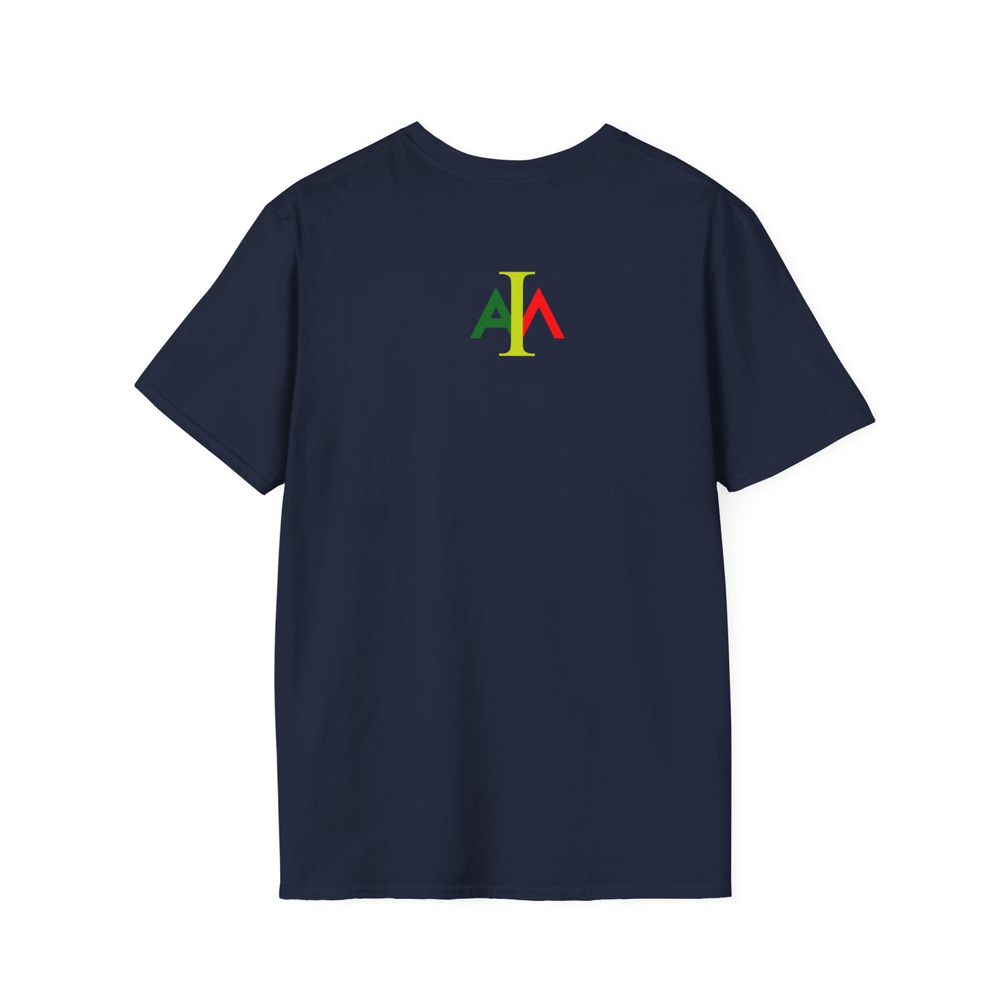 Navy blue t-shirt with colorful logo on the back against a white background