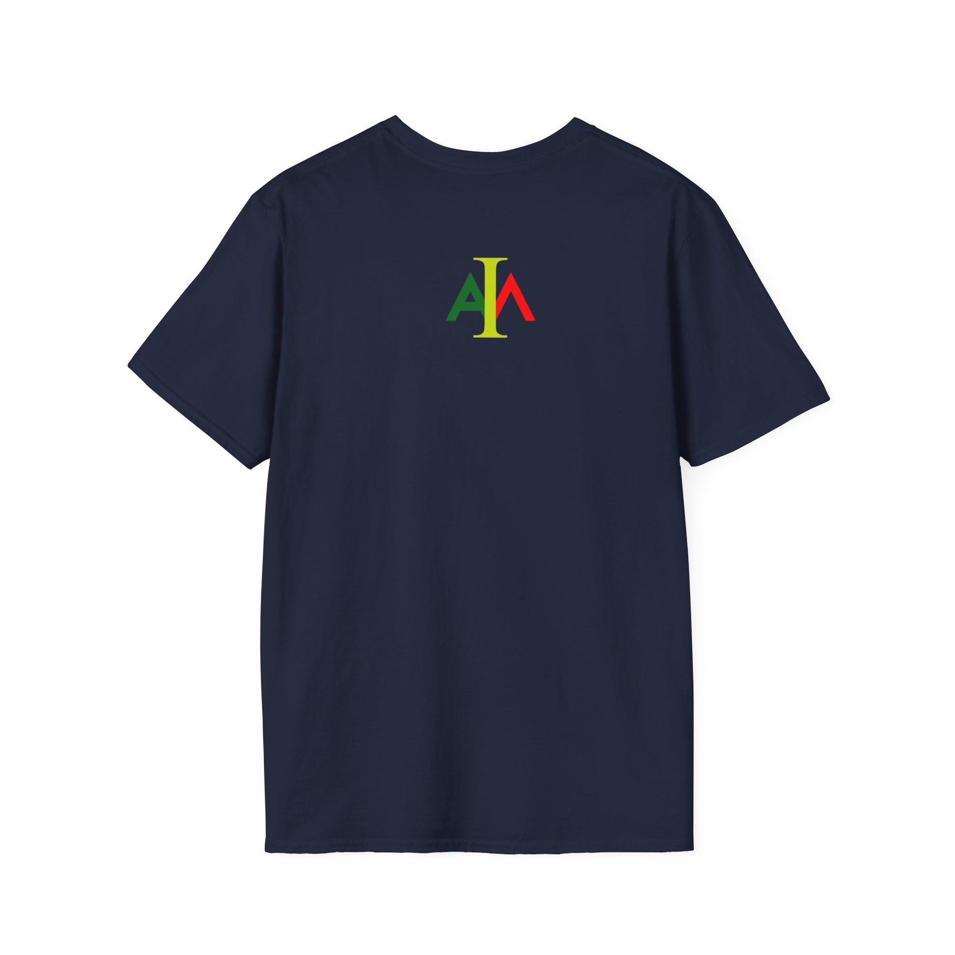 Navy blue t-shirt with colorful logo on the back against a white background