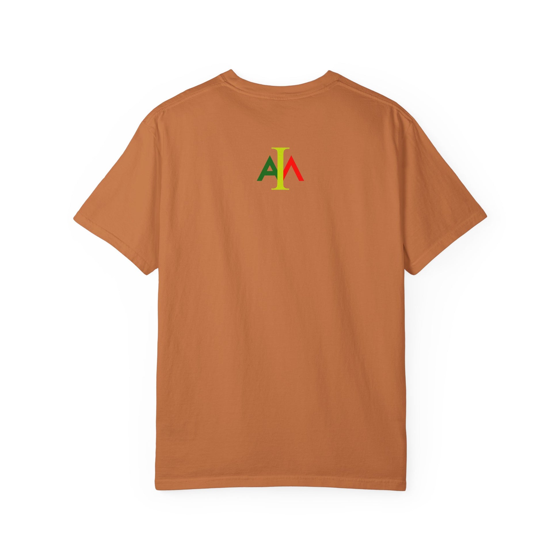 Brown t-shirt with colorful logo on the back against a white background