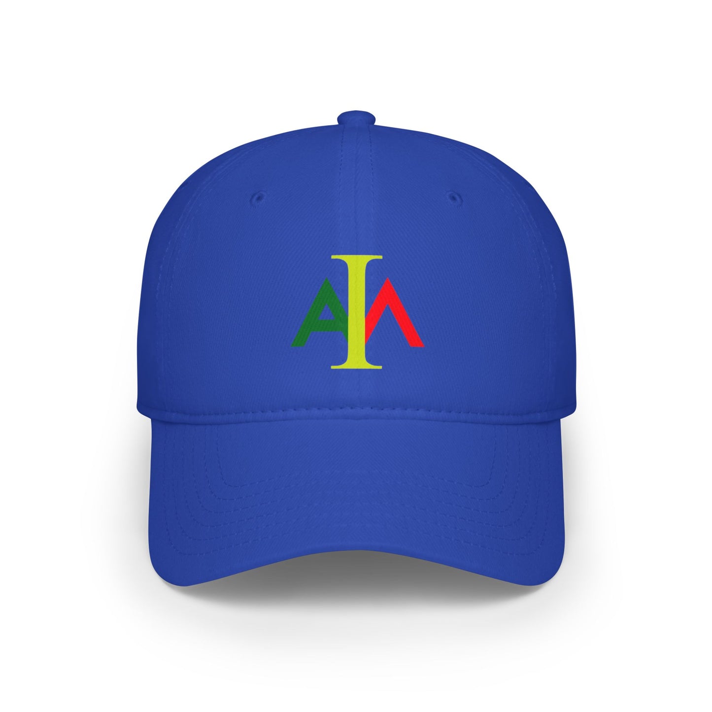 Blue cap with colorful logo on a white background
