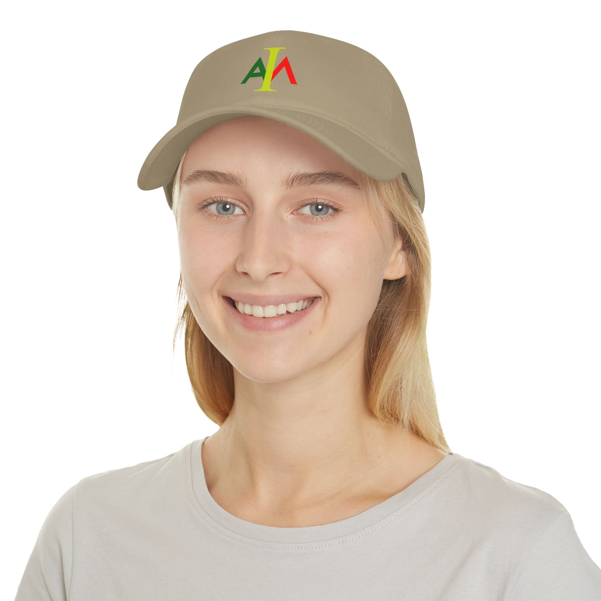 Person wearing a beige cap with a logo on a white background
