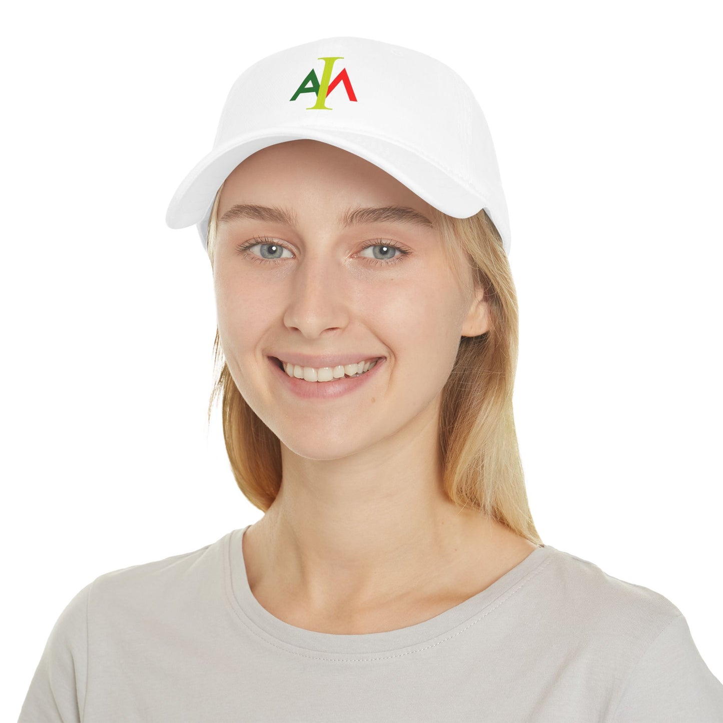 Person wearing a white cap with a colorful logo on a white background