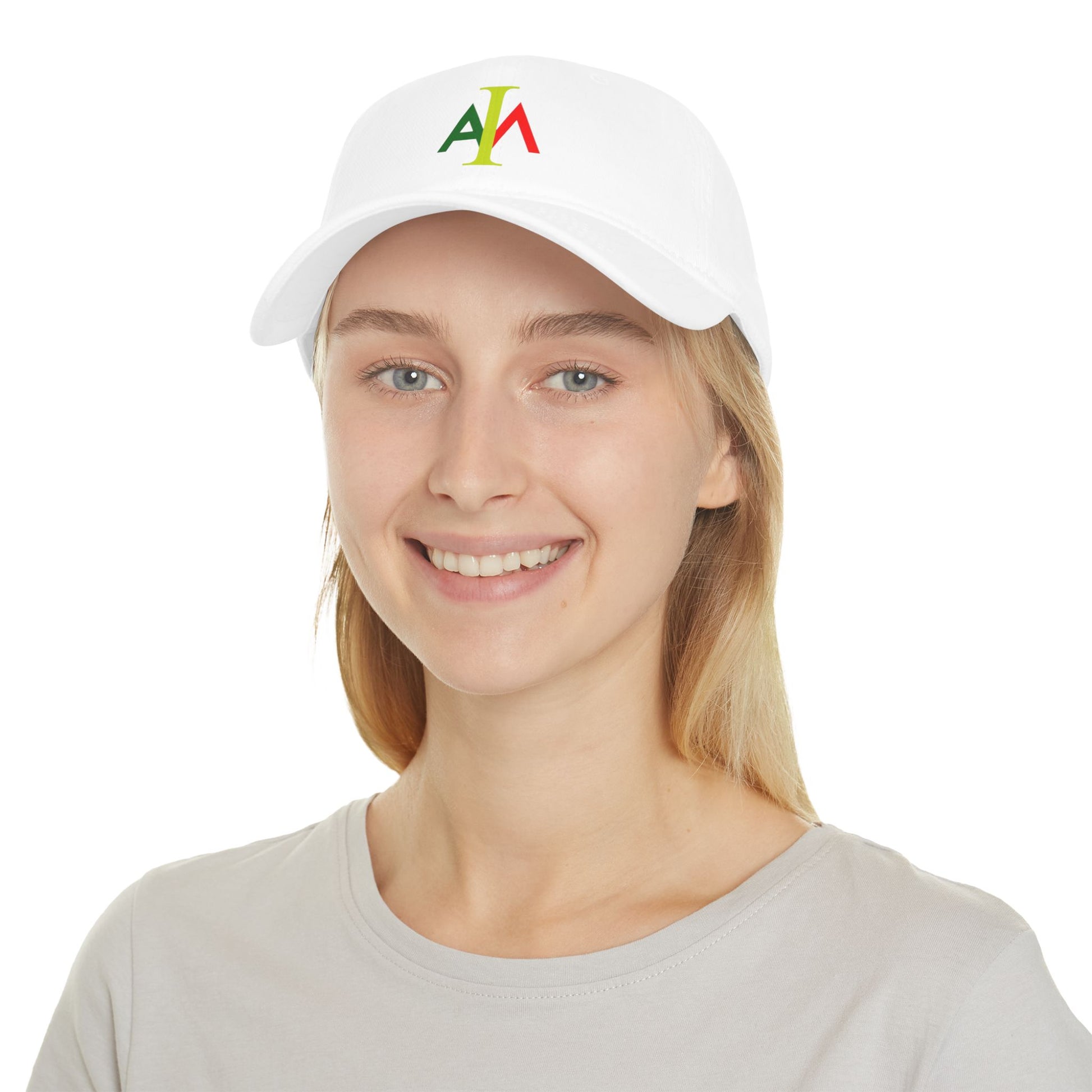 Person wearing a white cap with a colorful logo on a white background