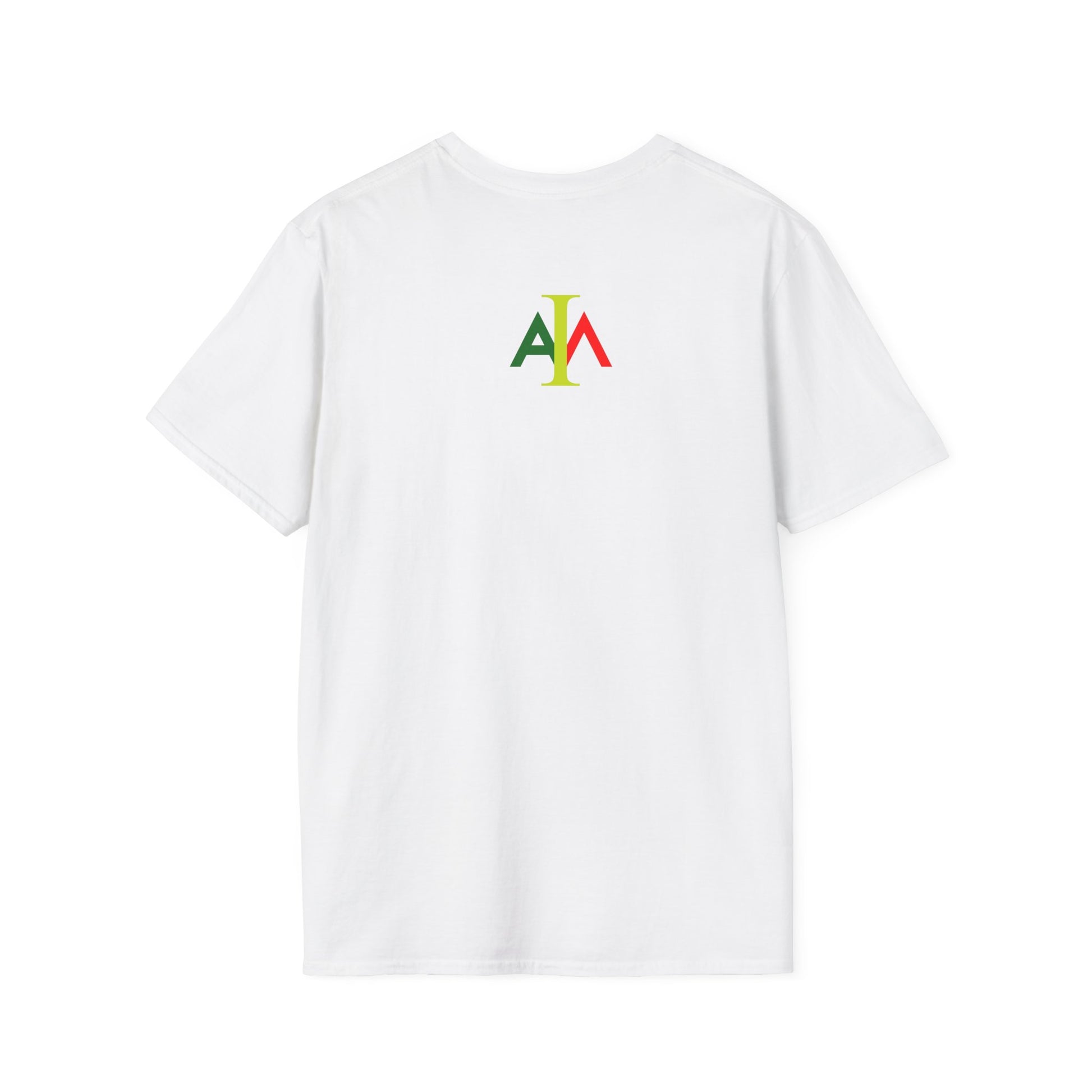 White t-shirt with a colorful logo on the back against a white background