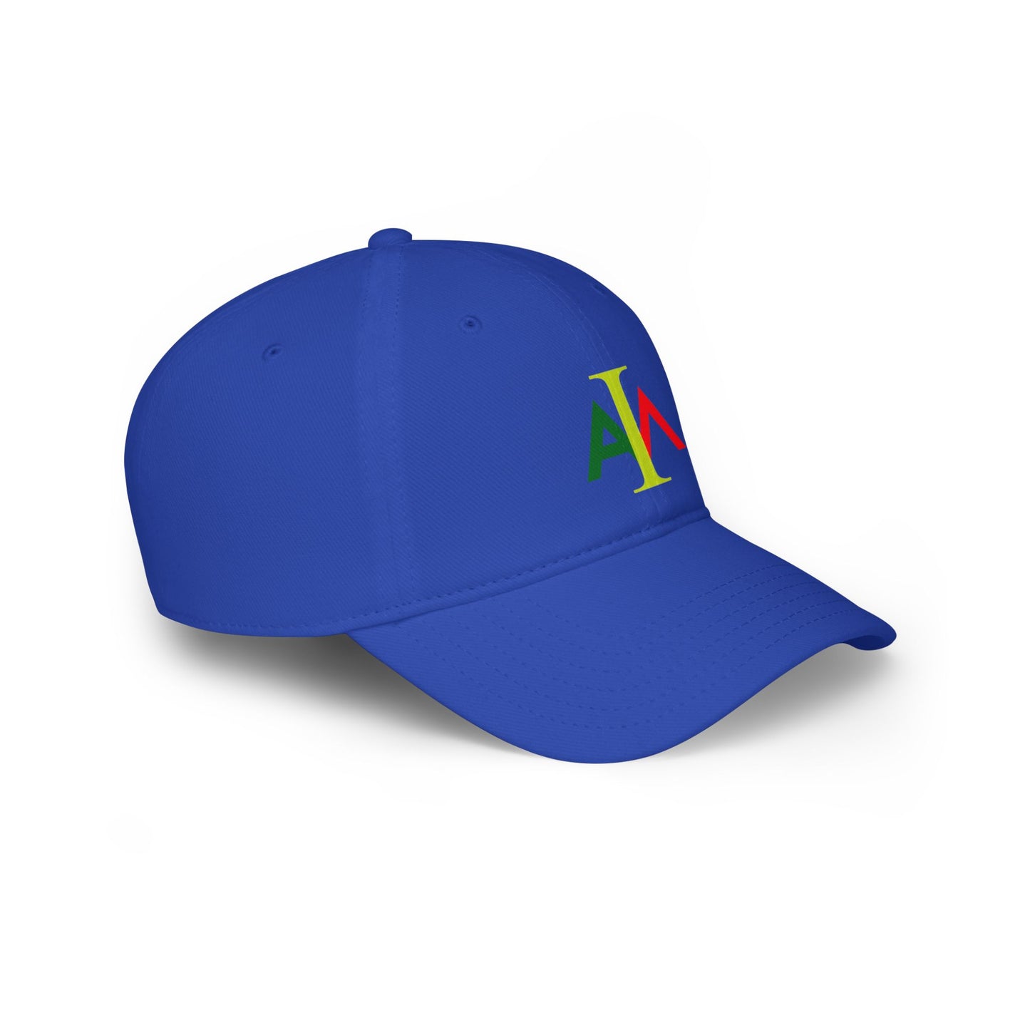 Blue cap with colorful logo on a white background