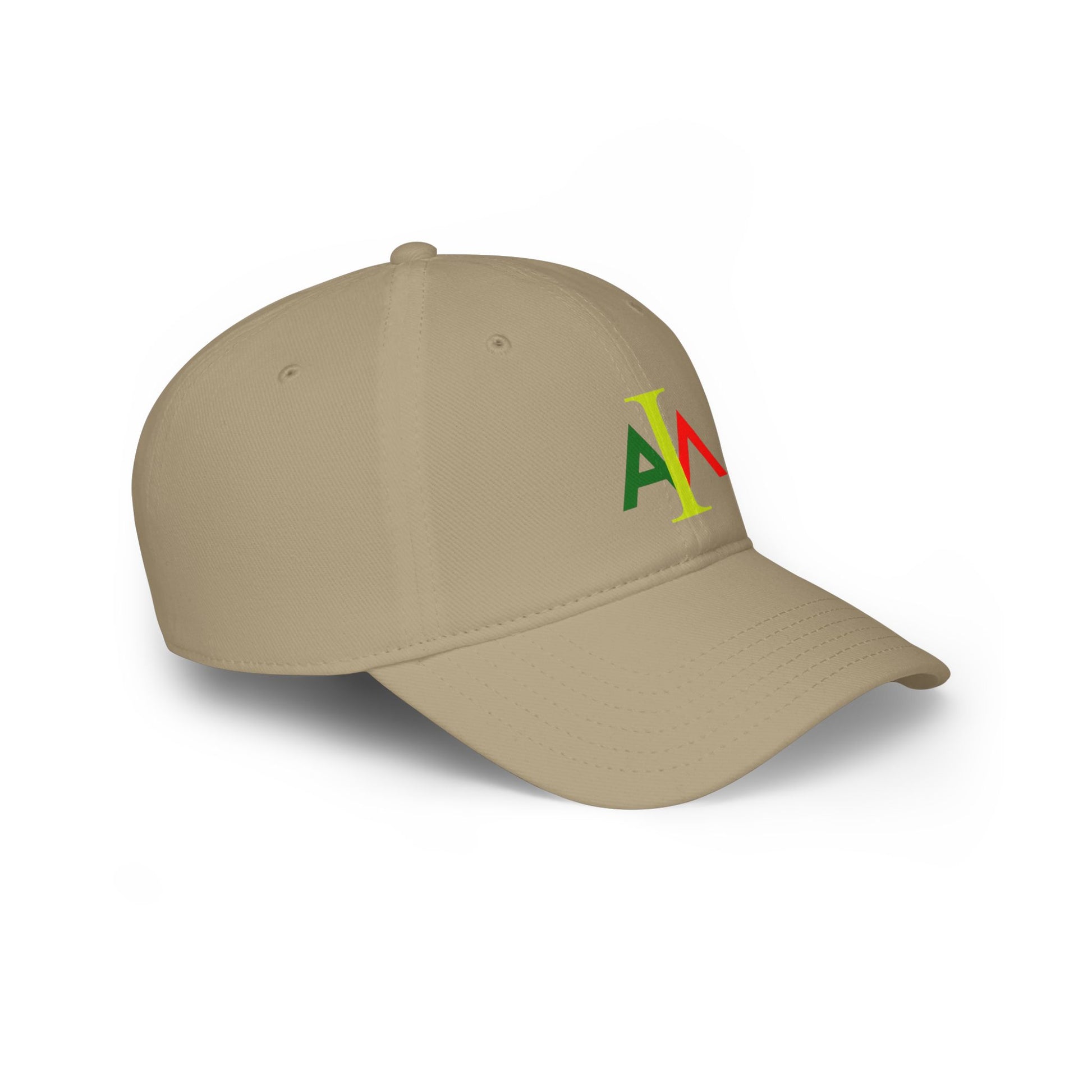 Beige cap with colorful logo on a white background
