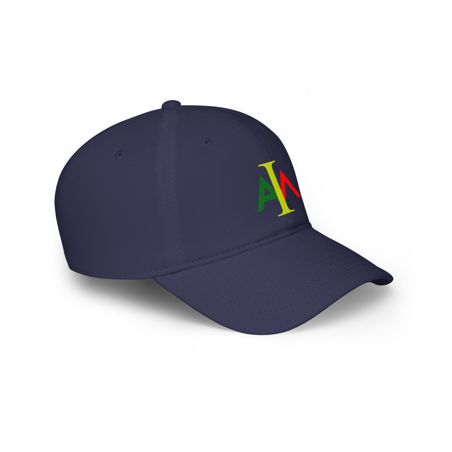 Navy blue cap with colorful logo on a white background