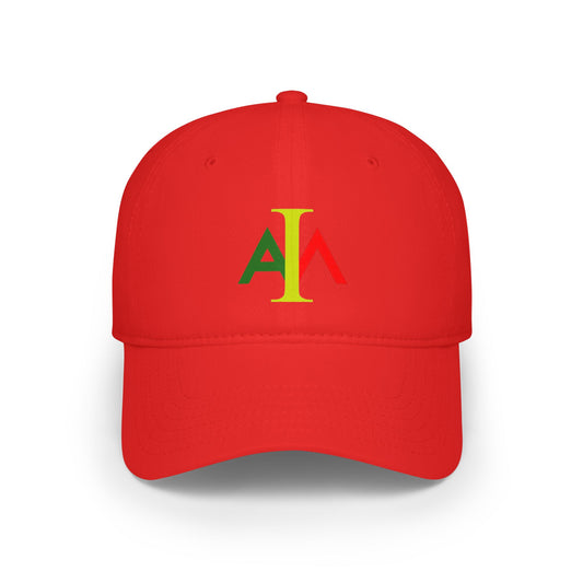 Red cap with a logo featuring green and red colors on a white background