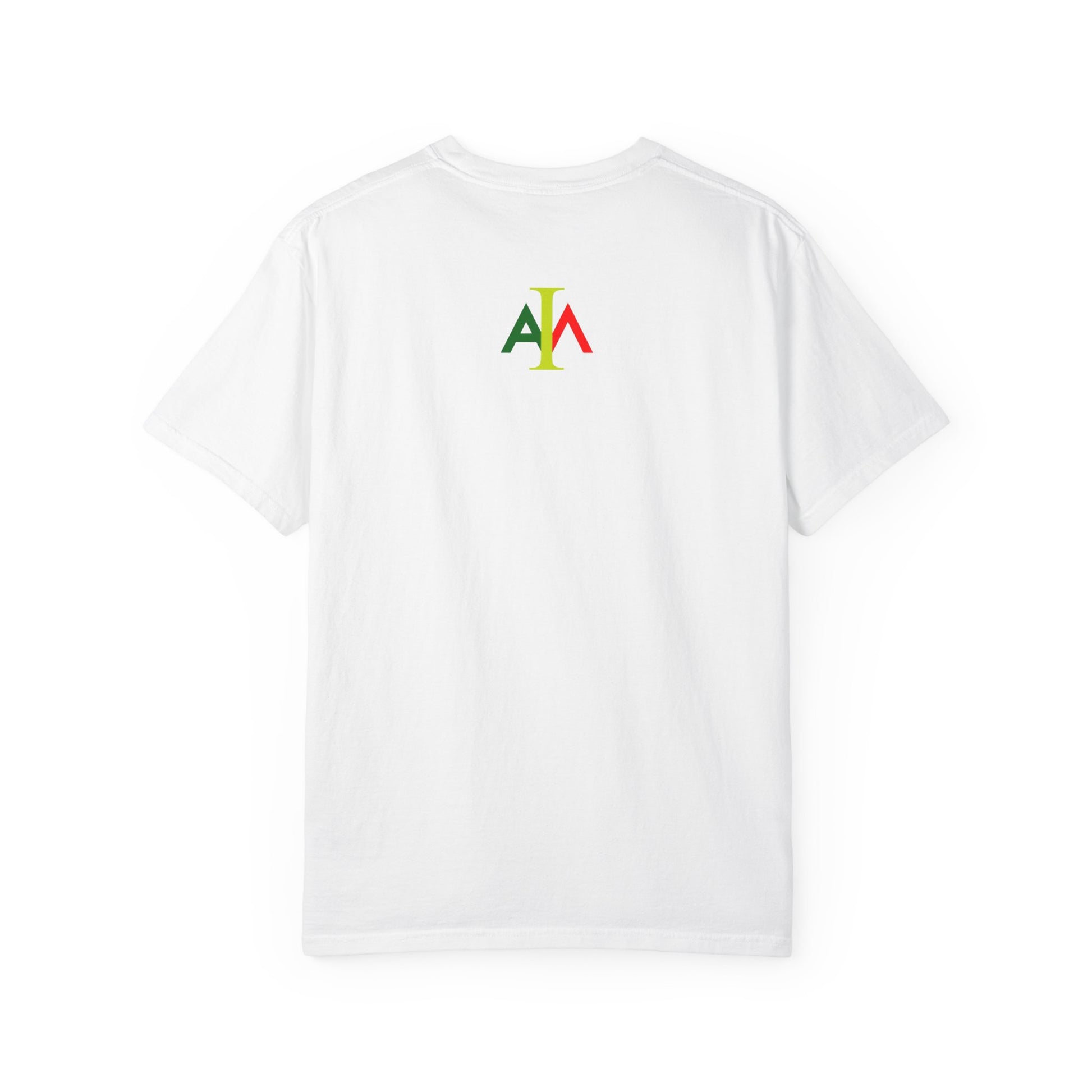 White t-shirt with a colorful logo on the back against a white background