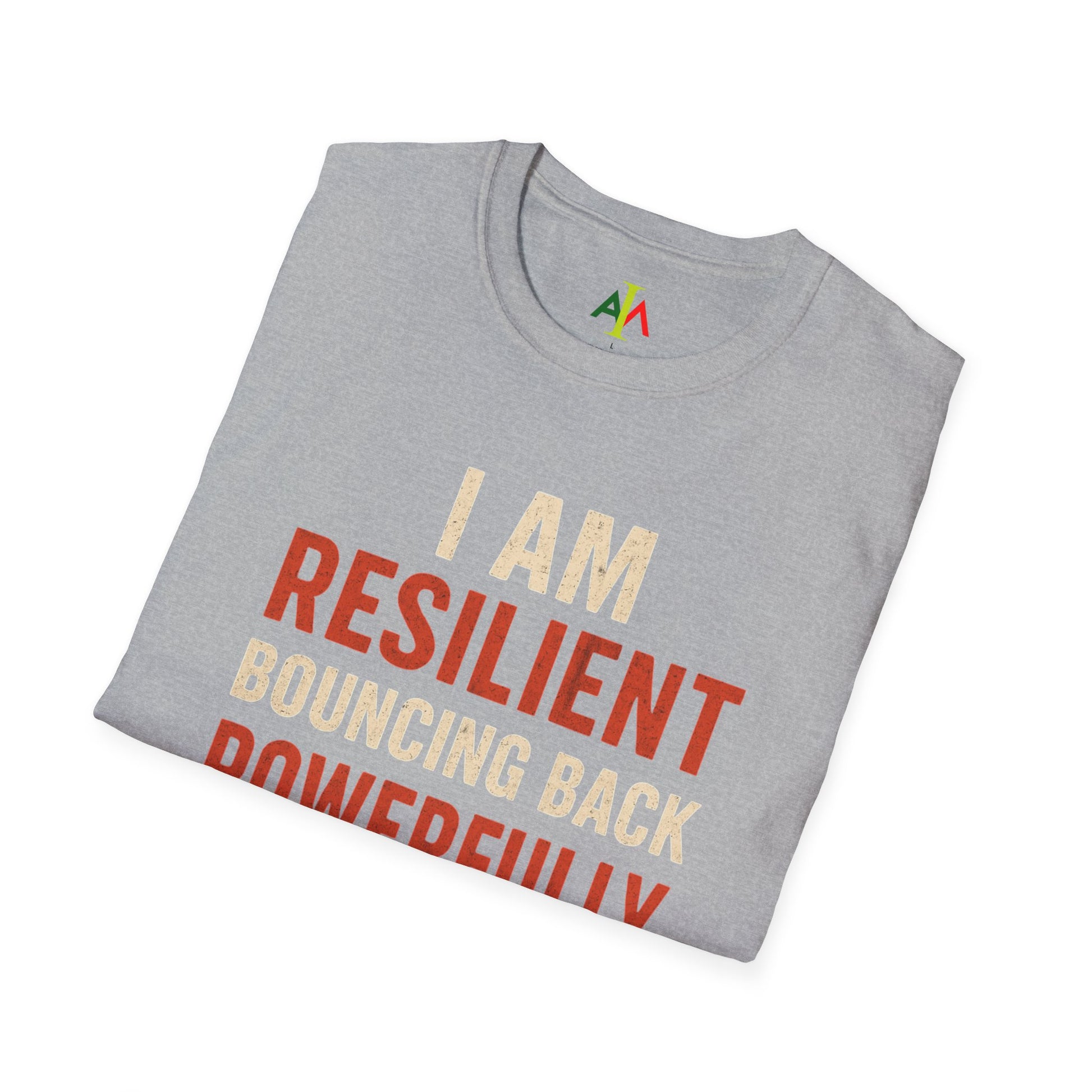 Folded gray t-shirt with motivational text and logo on a white background