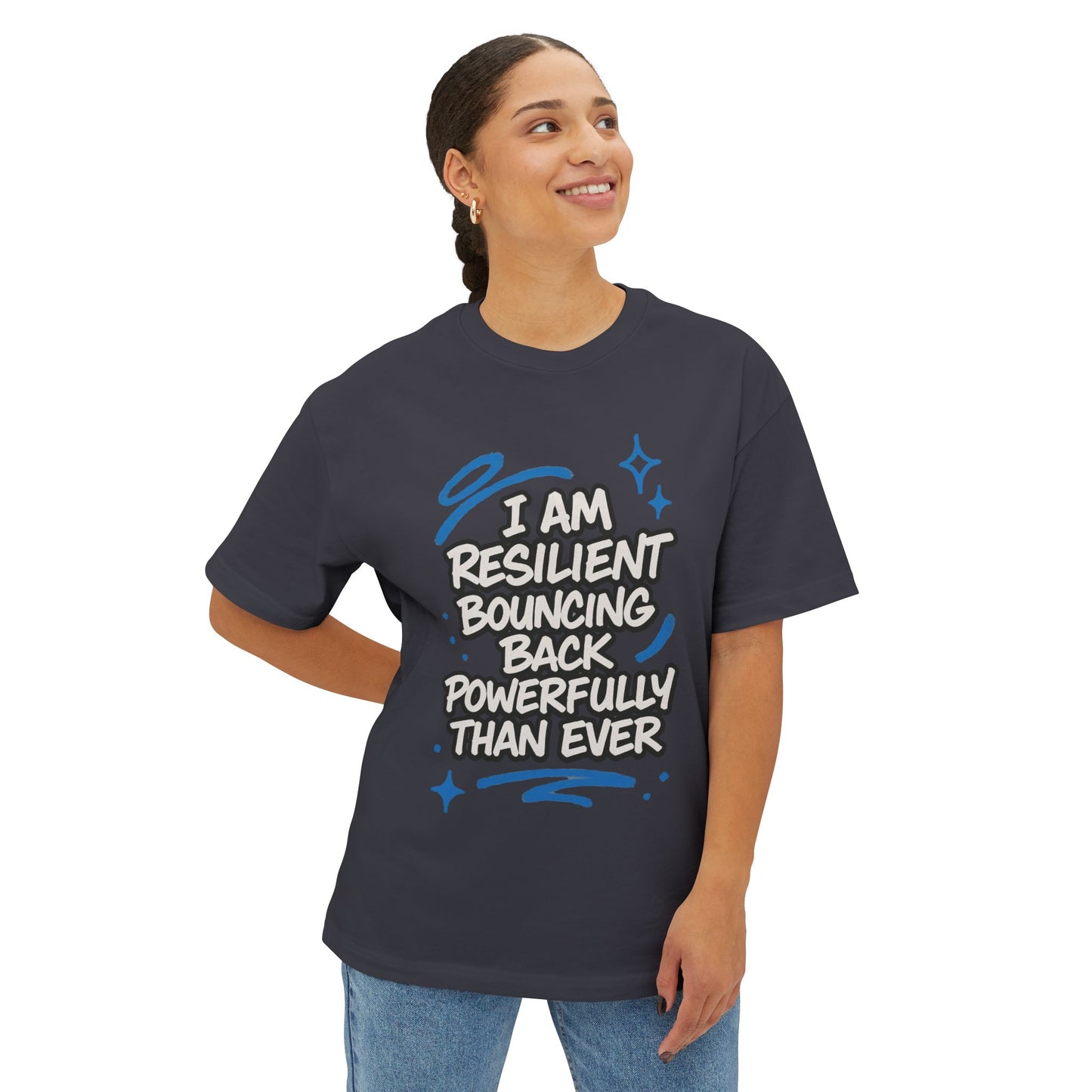 Person wearing a dark blue t-shirt with motivational quote on a white background