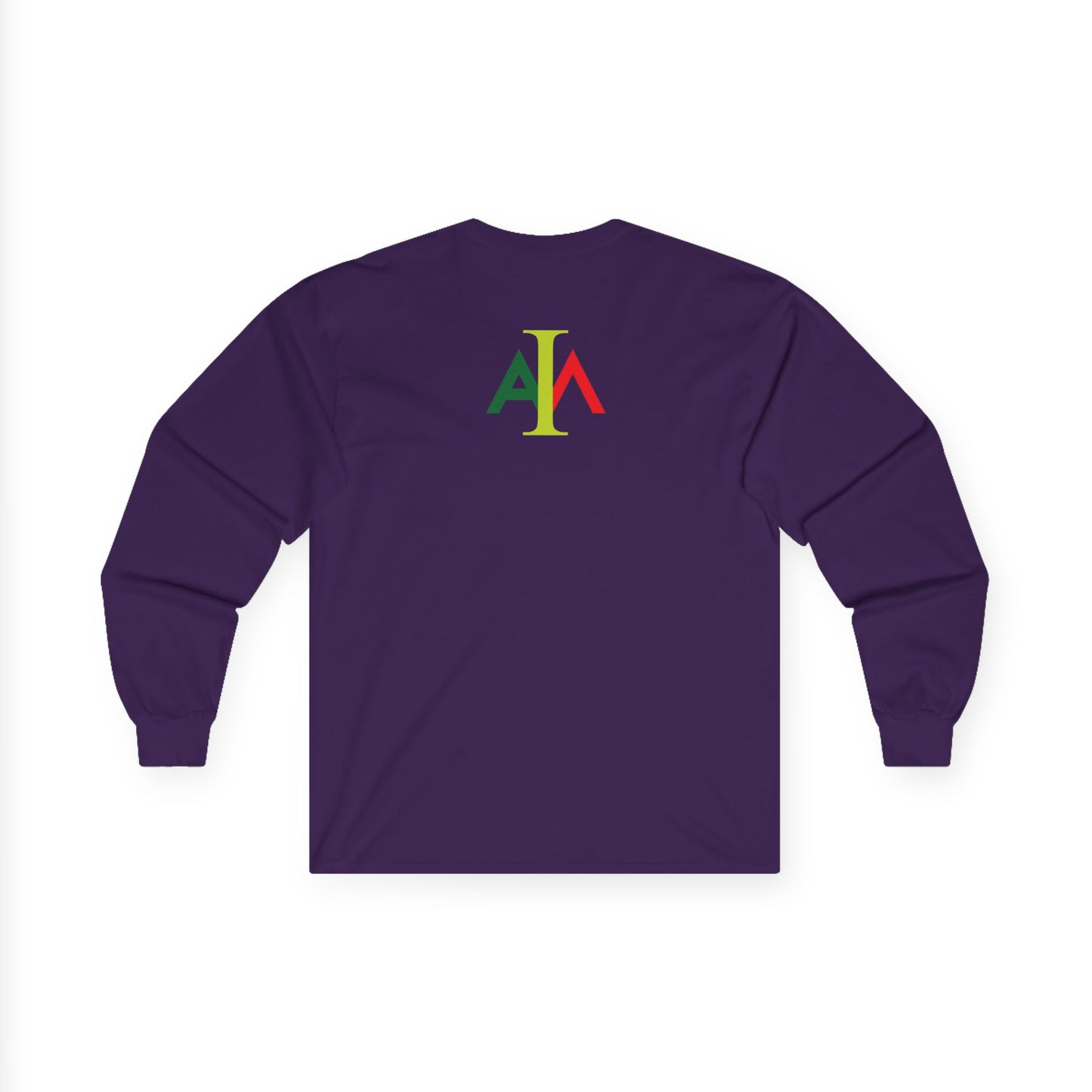 Purple long-sleeve shirt with colorful logo on the back against a white background