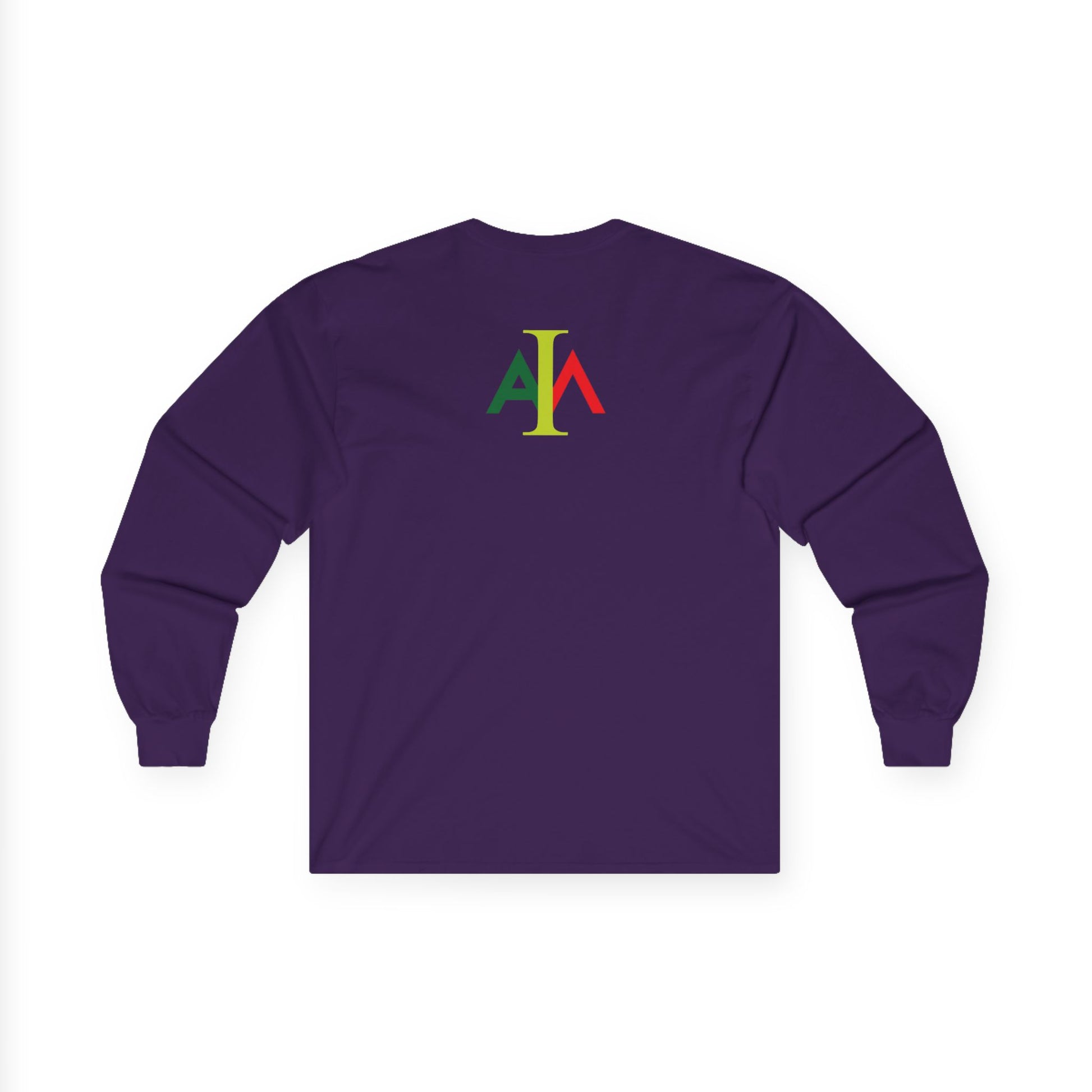 Purple long-sleeve shirt with colorful logo on the back against a white background