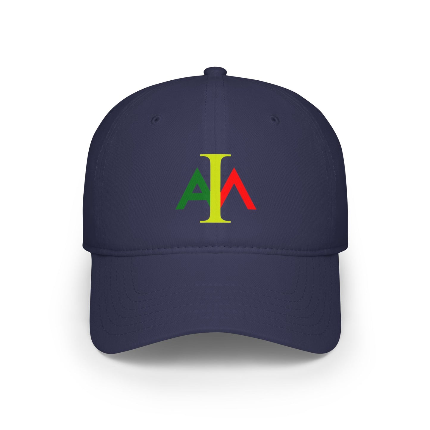 Navy blue cap with colorful logo on a white background