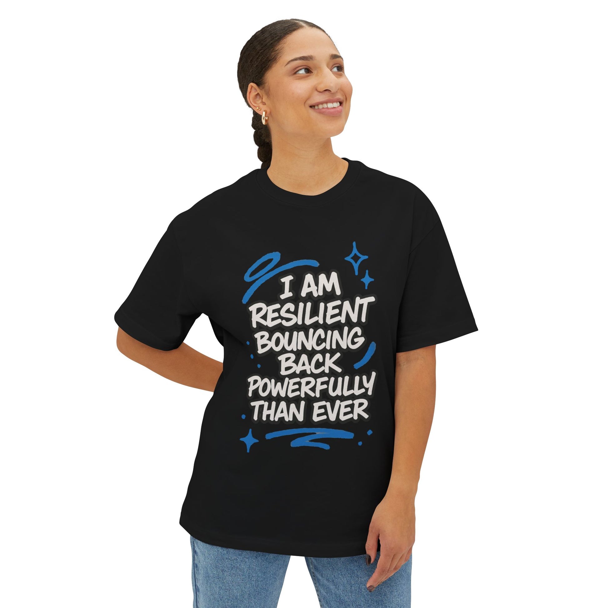 Person wearing a black t-shirt with motivational quote on a white background