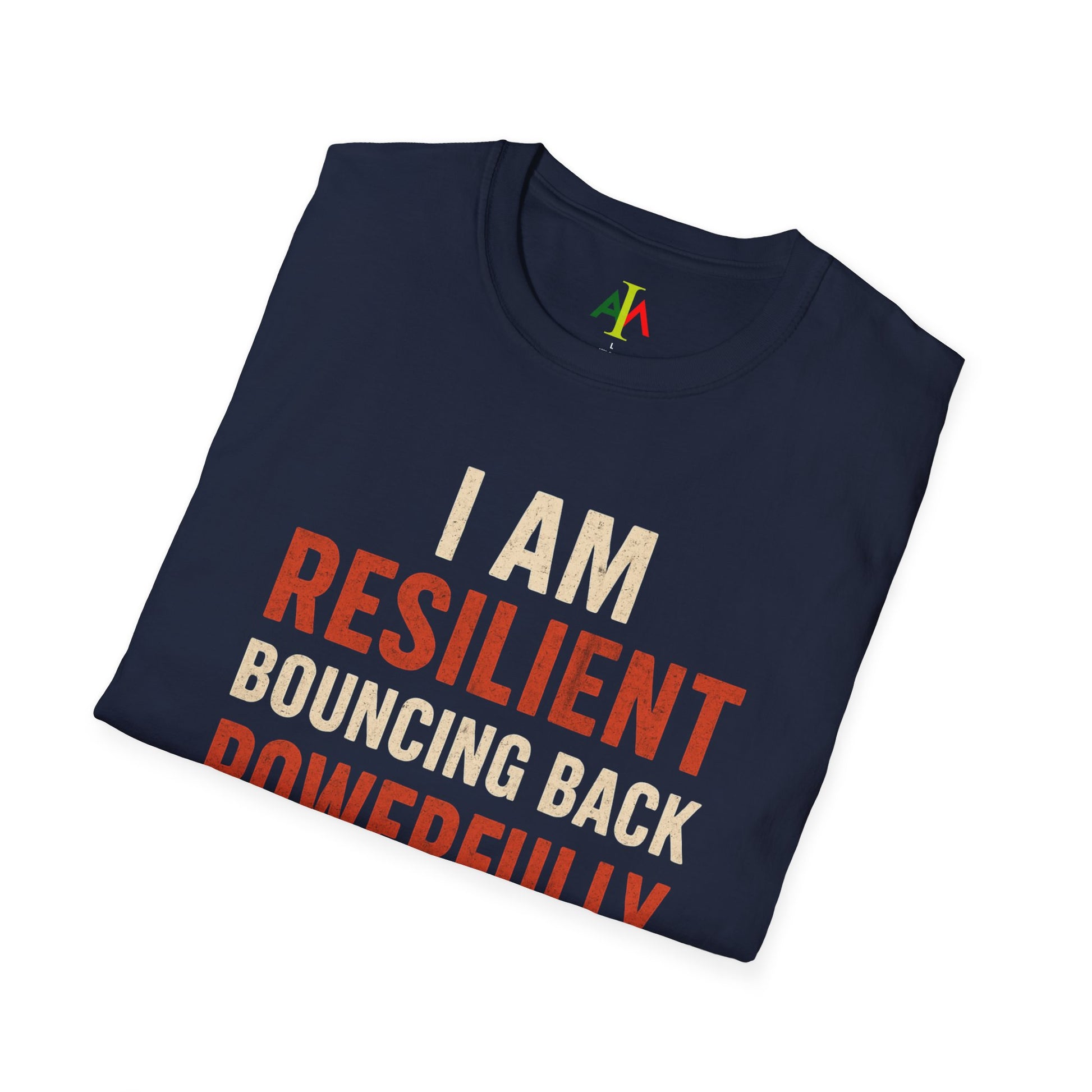 Folded navy blue t-shirt with motivational text on a white background
