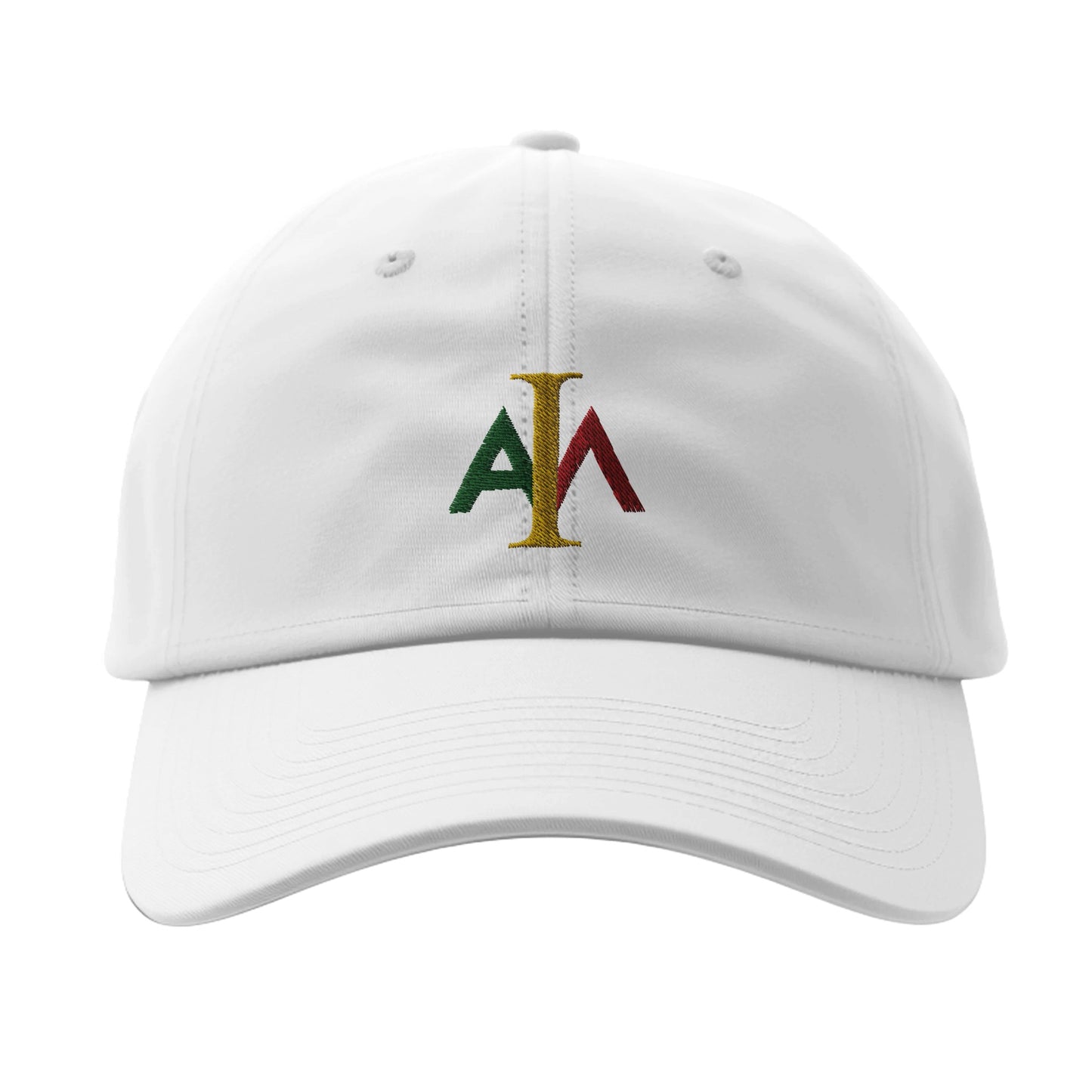 White cap with colorful embroidered logo on a white background